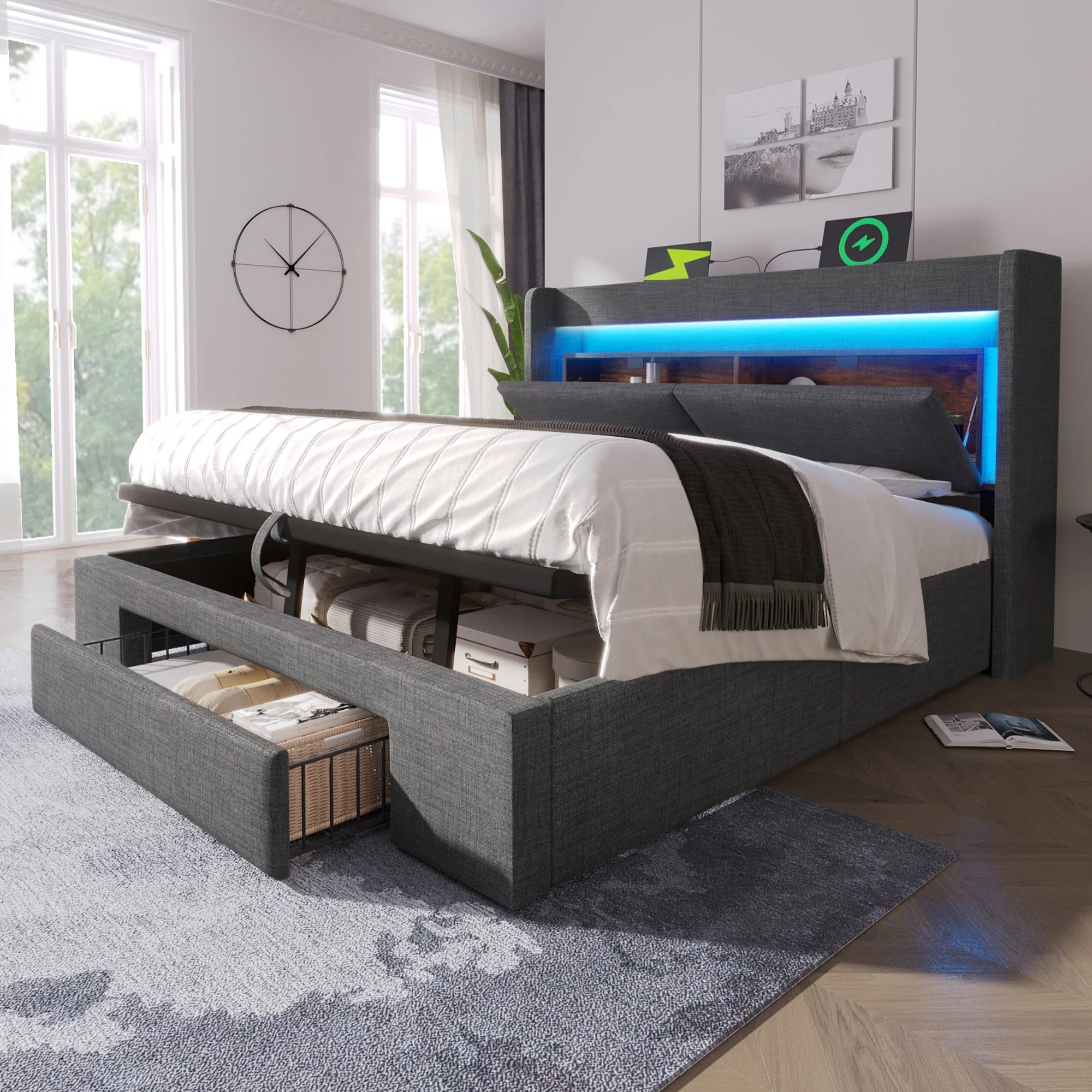 Upholstered Bed 160x200cm Hydraulic Storage Headboard Compartment LED USB/Type-C Linen Grey - Image 10