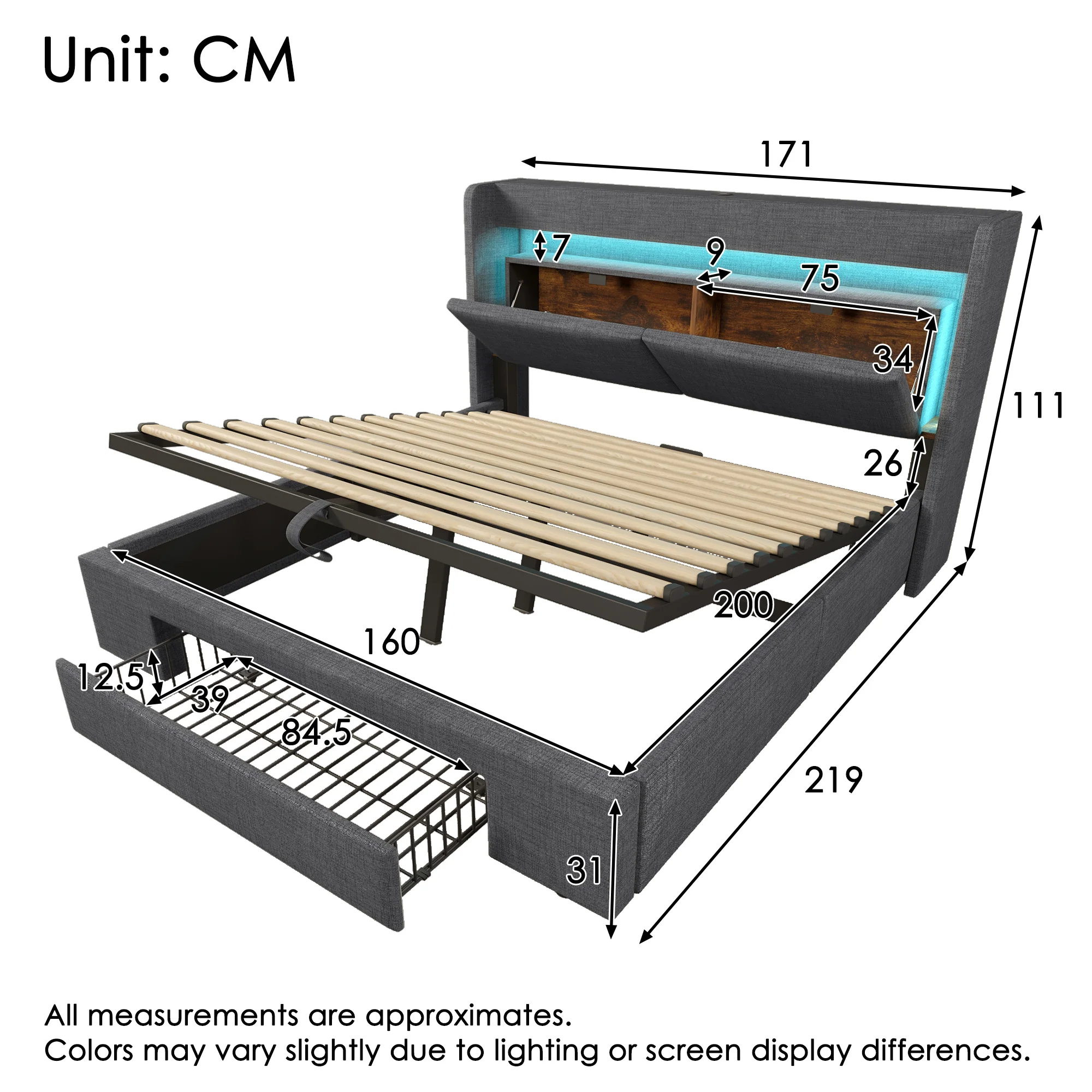 Upholstered Bed 160x200cm Hydraulic Storage Headboard Compartment LED USB/Type-C Linen Grey - Image 2