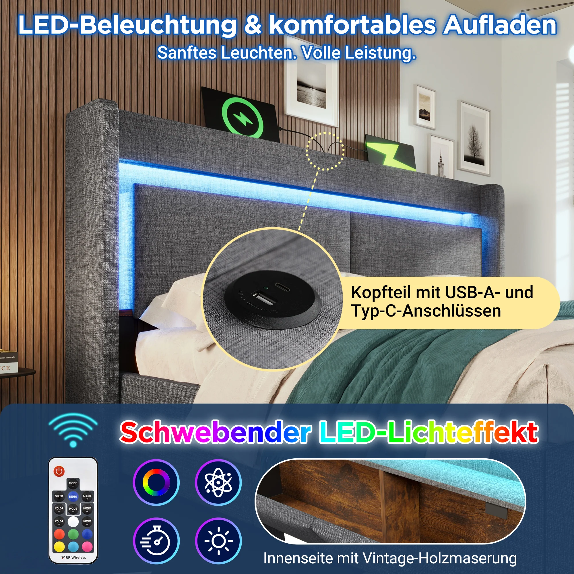Upholstered Bed 160x200cm Hydraulic Storage Headboard Compartment LED USB/Type-C Linen Grey - Image 3
