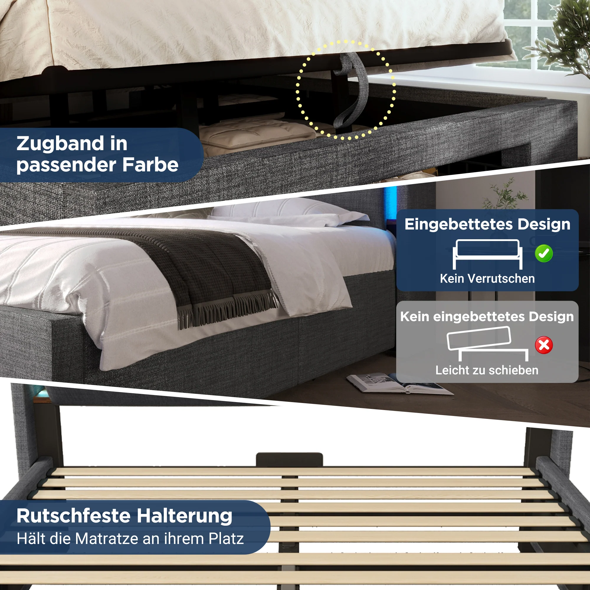 Upholstered Bed 160x200cm Hydraulic Storage Headboard Compartment LED USB/Type-C Linen Grey - Image 4