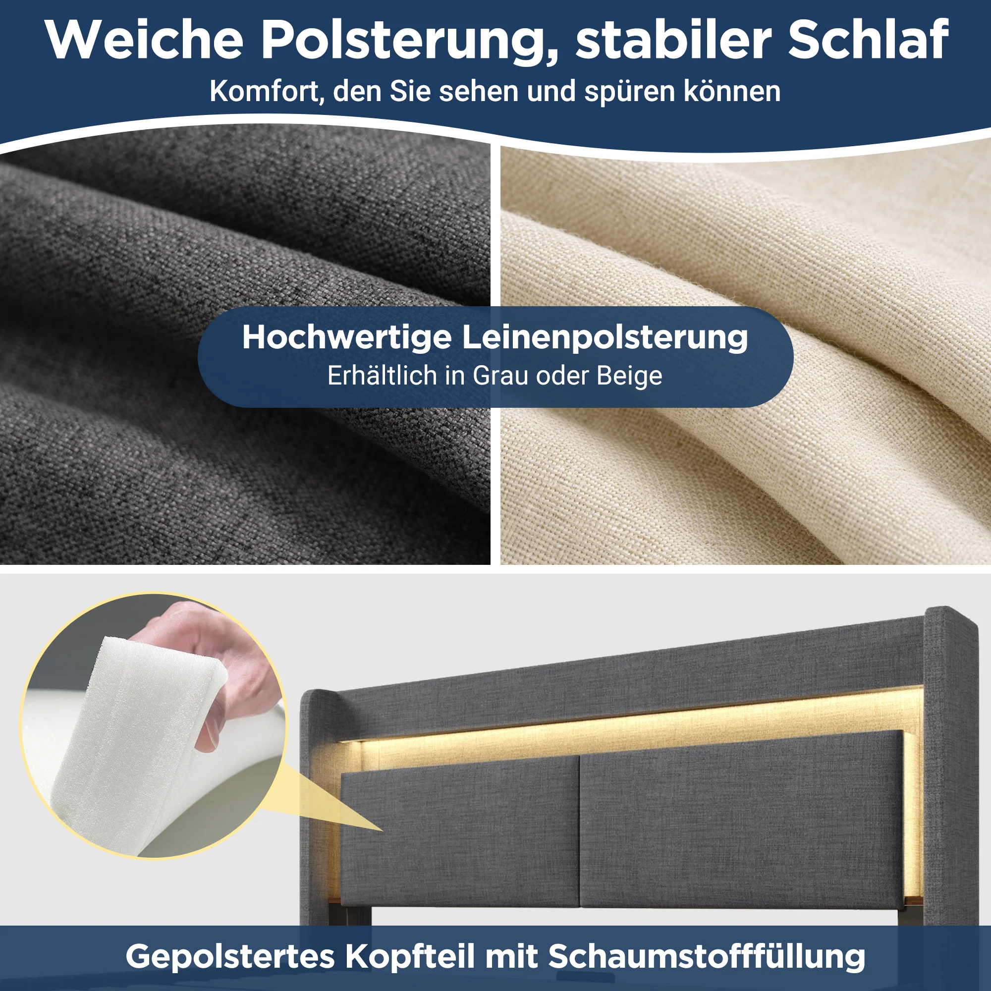 Upholstered Bed 160x200cm Hydraulic Storage Headboard Compartment LED USB/Type-C Linen Grey - Image 5