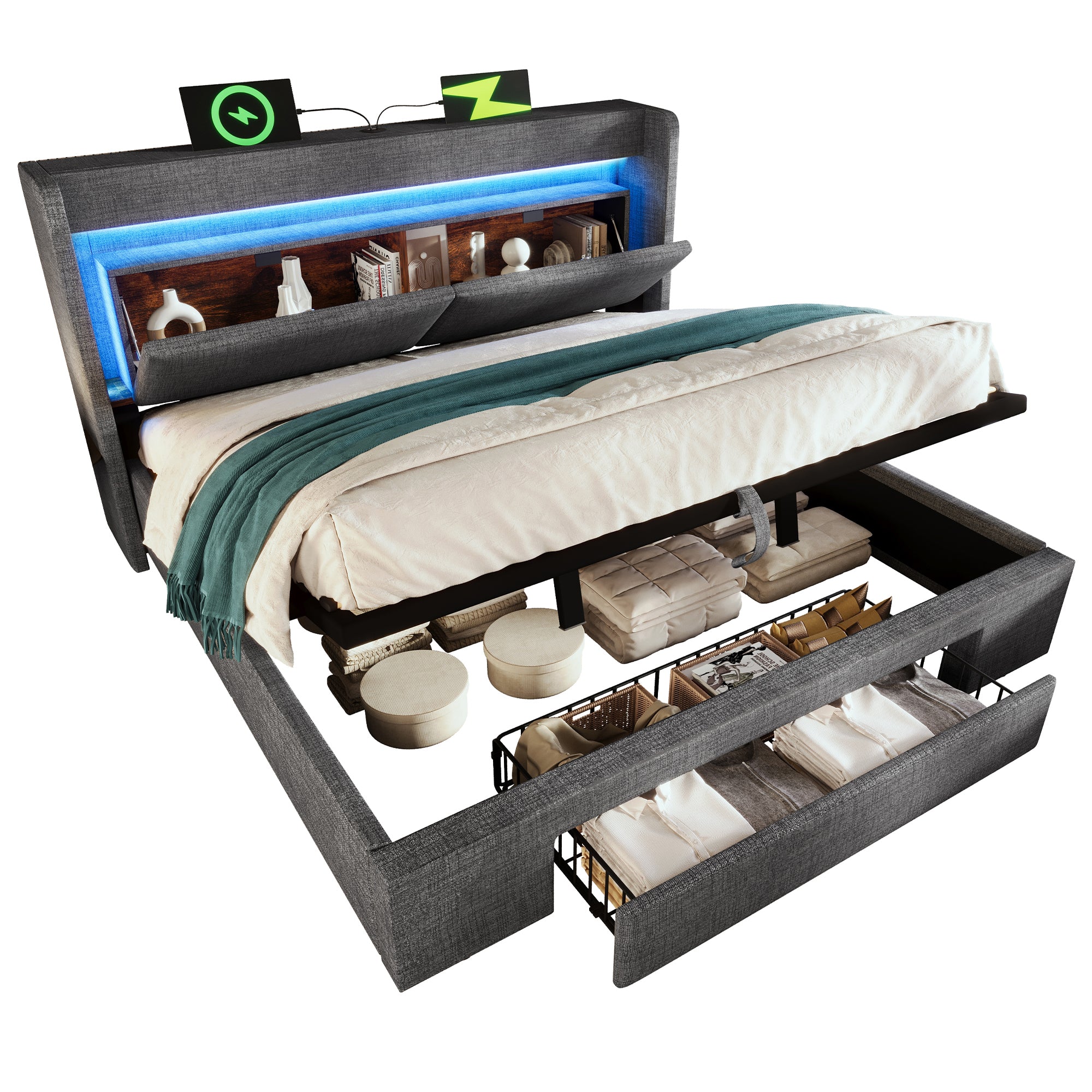 Upholstered Bed 160x200cm Hydraulic Storage Headboard Compartment LED USB/Type-C Linen Grey - Image 7