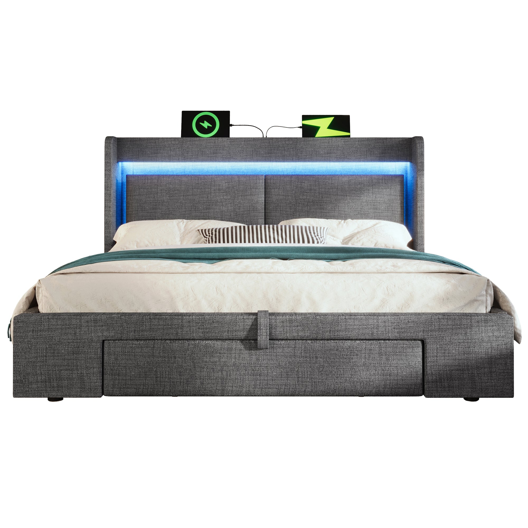 Upholstered Bed 160x200cm Hydraulic Storage Headboard Compartment LED USB/Type-C Linen Grey - Image 8