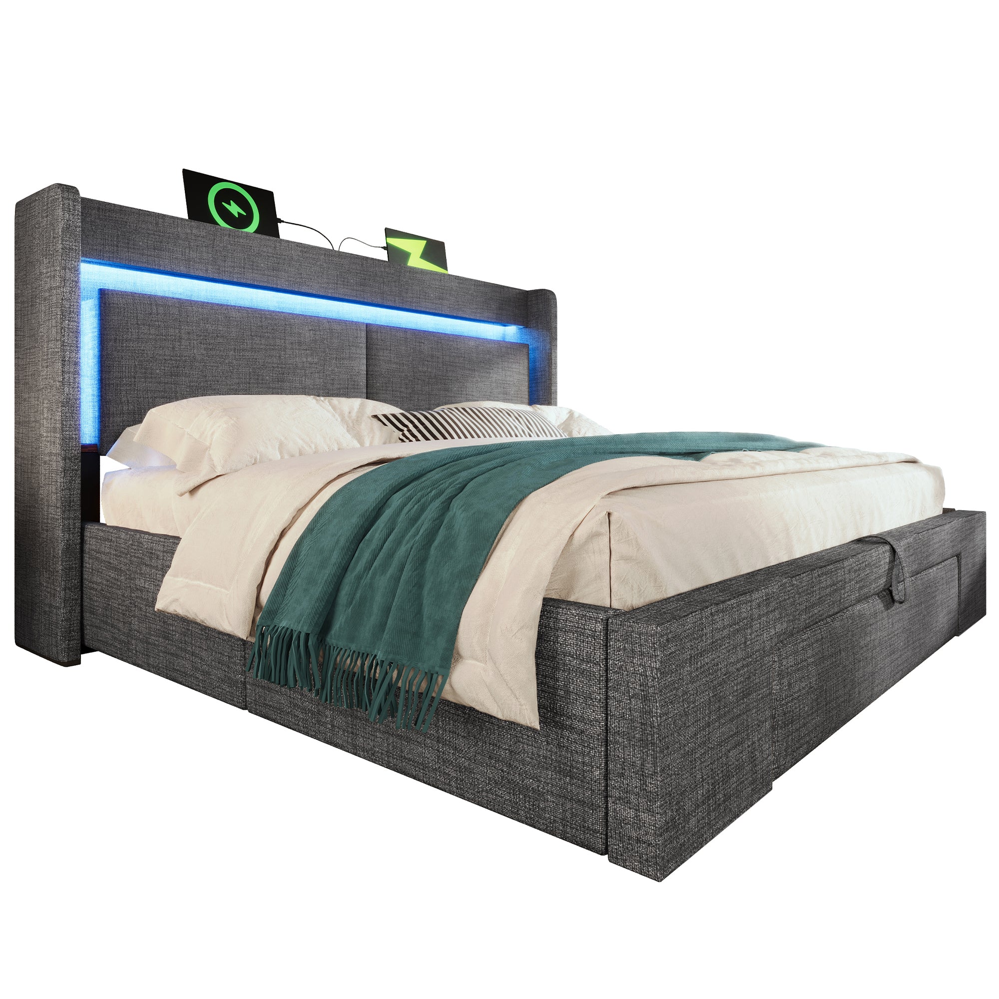 Upholstered Bed 160x200cm Hydraulic Storage Headboard Compartment LED USB/Type-C Linen Grey - Image 9