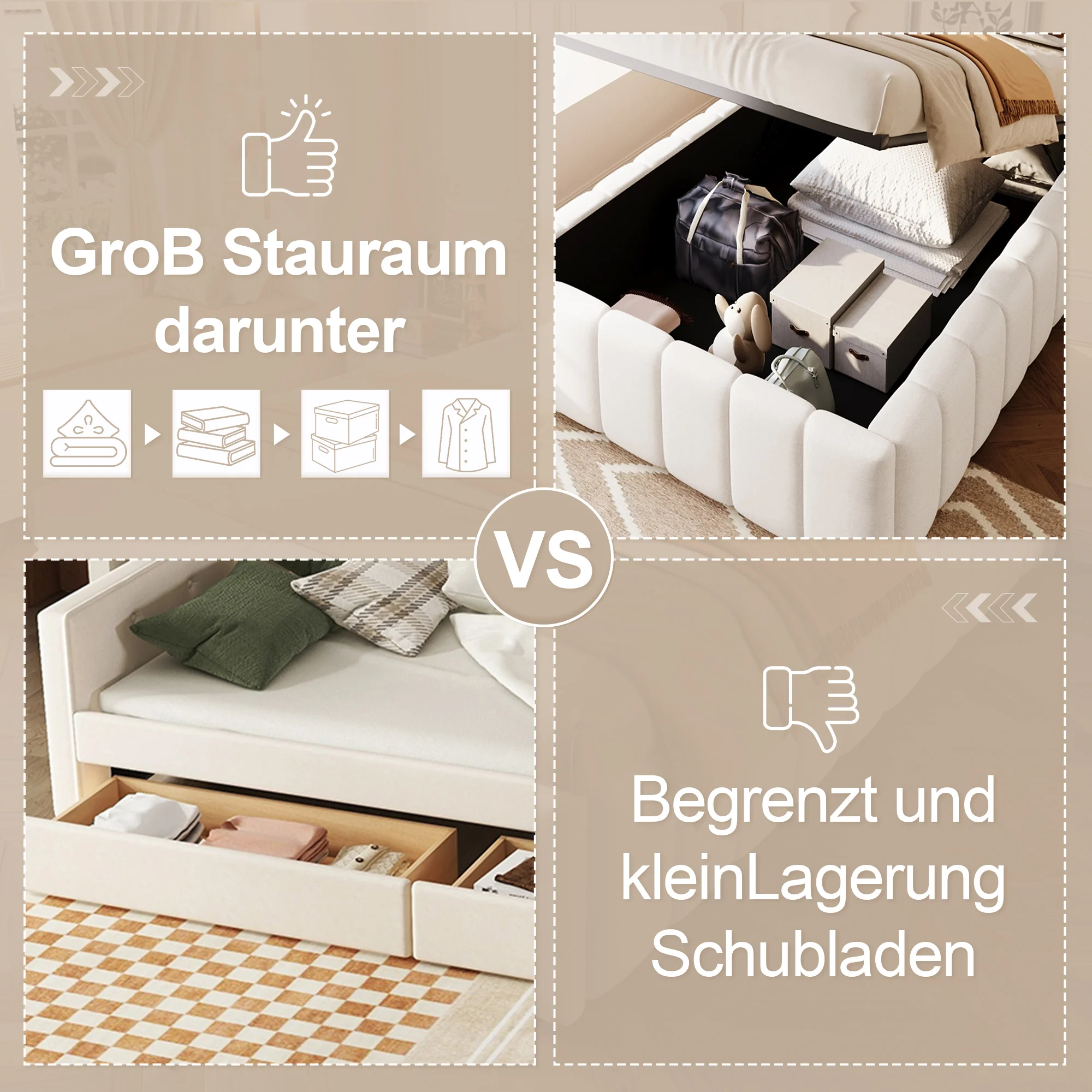 Upholstered Bed 90x200cm Hydraulic Storage - Beige - Image 2