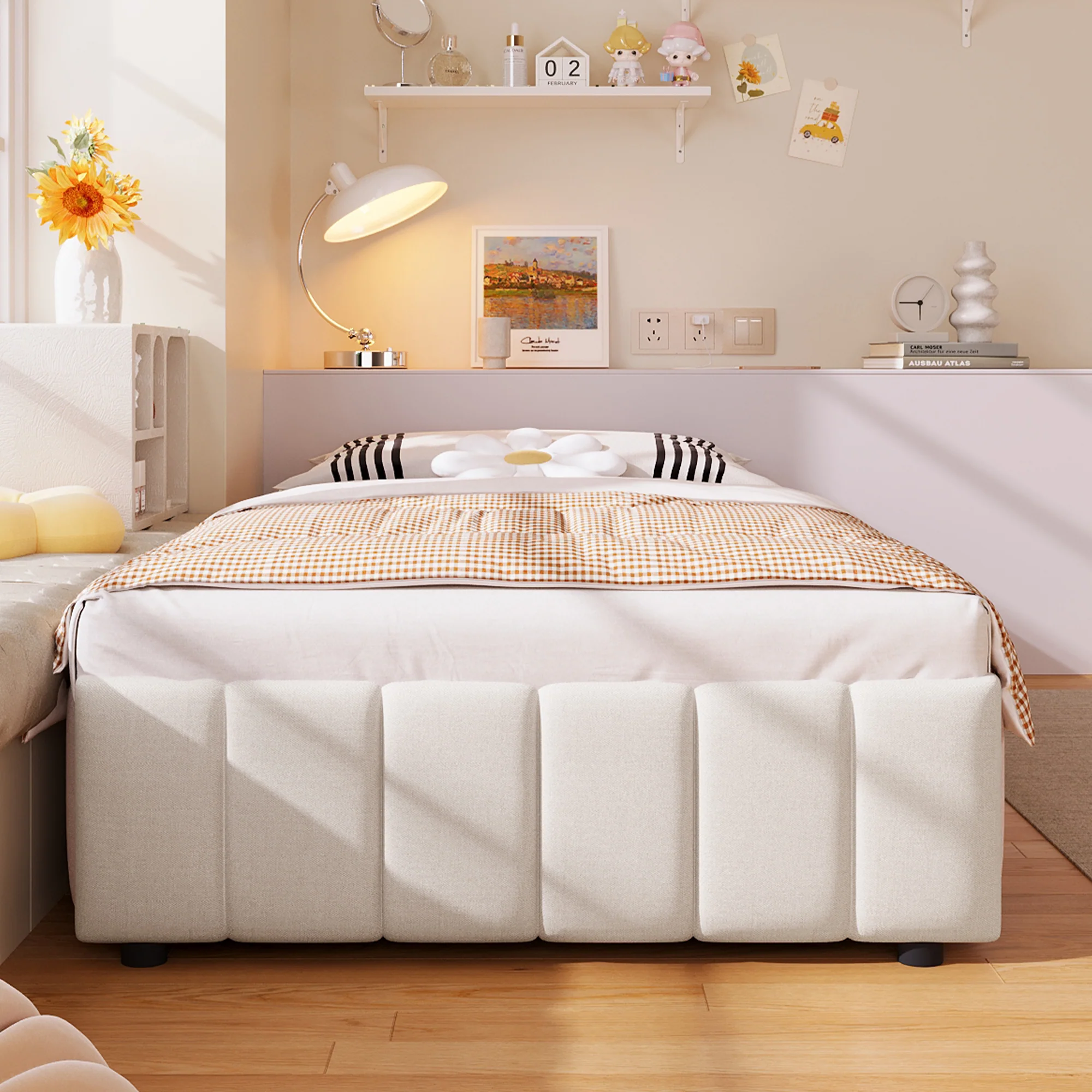 Upholstered Bed 90x200cm Hydraulic Storage - Beige - Image 4