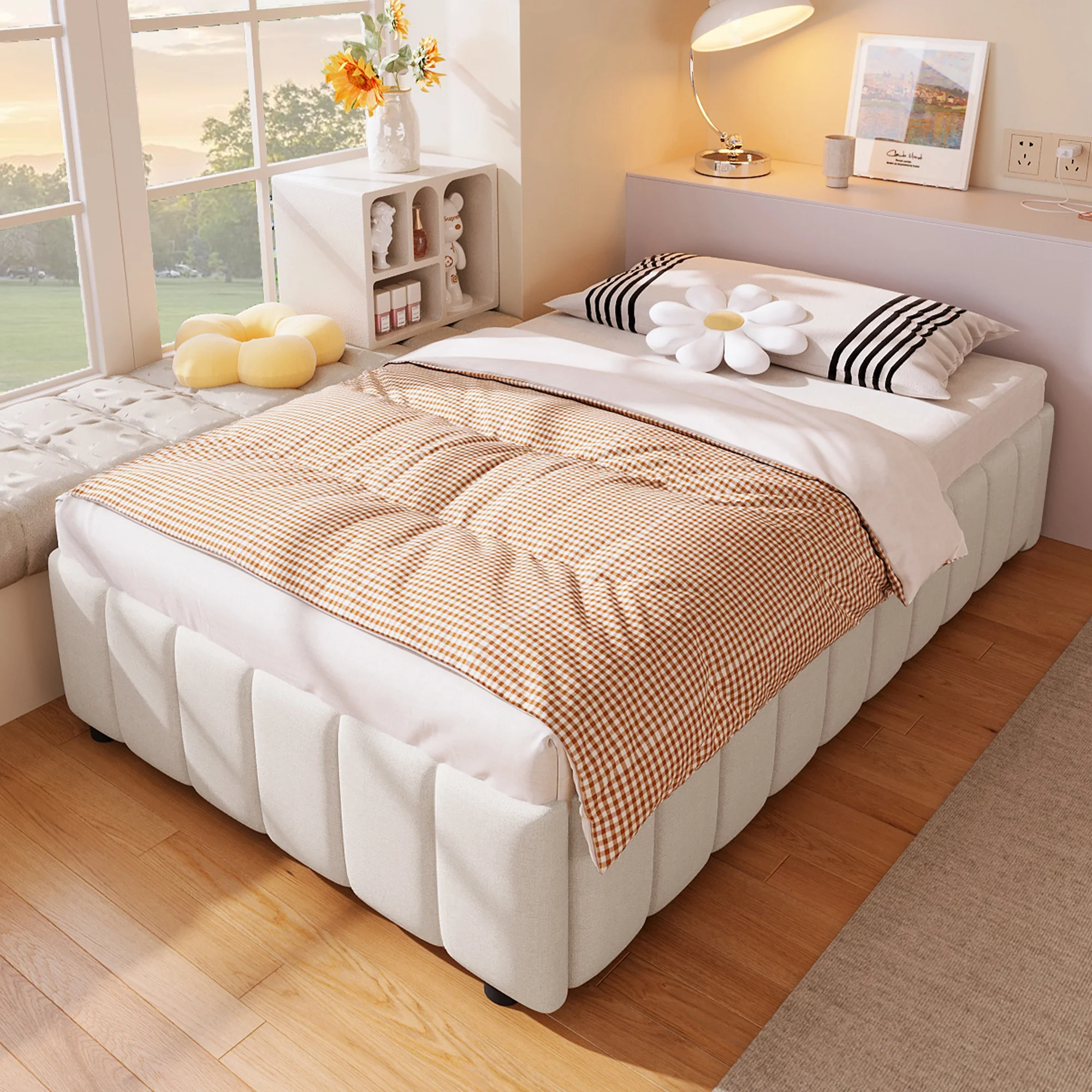 Upholstered Bed 90x200cm Hydraulic Storage - Beige - Image 5