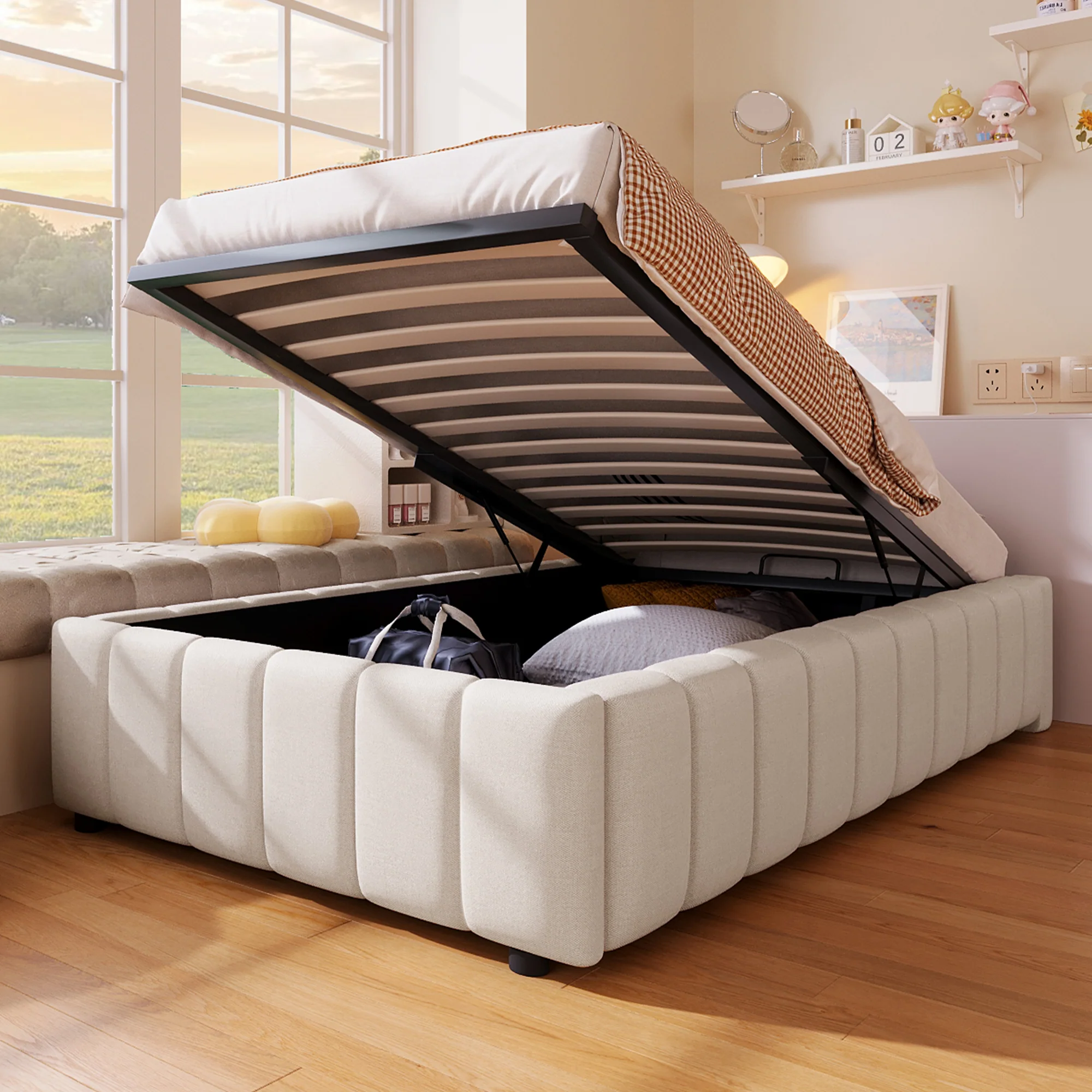 Upholstered Bed 90x200cm Hydraulic Storage - Beige - Image 6