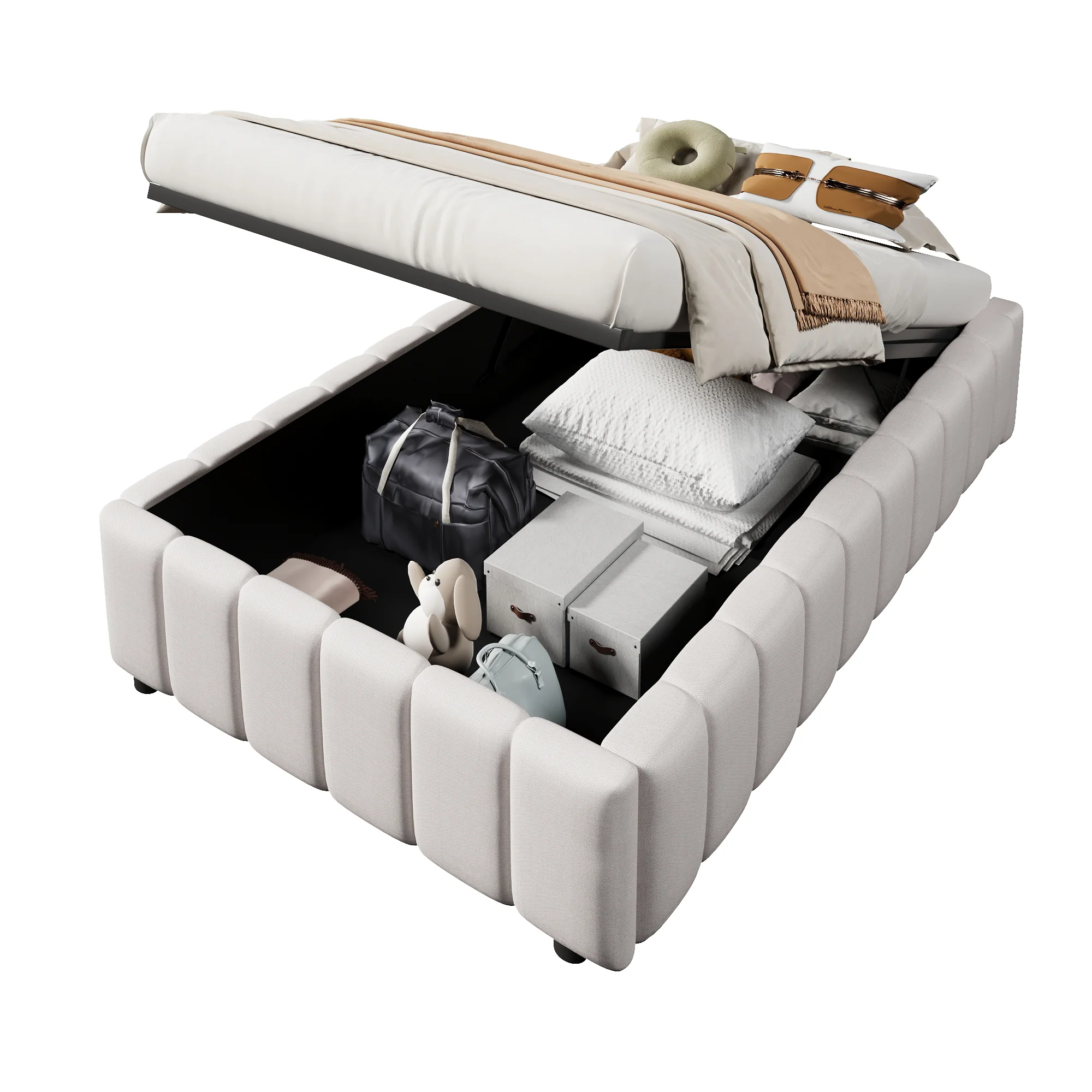 Upholstered Bed 90x200cm Hydraulic Storage - Beige - Image 7