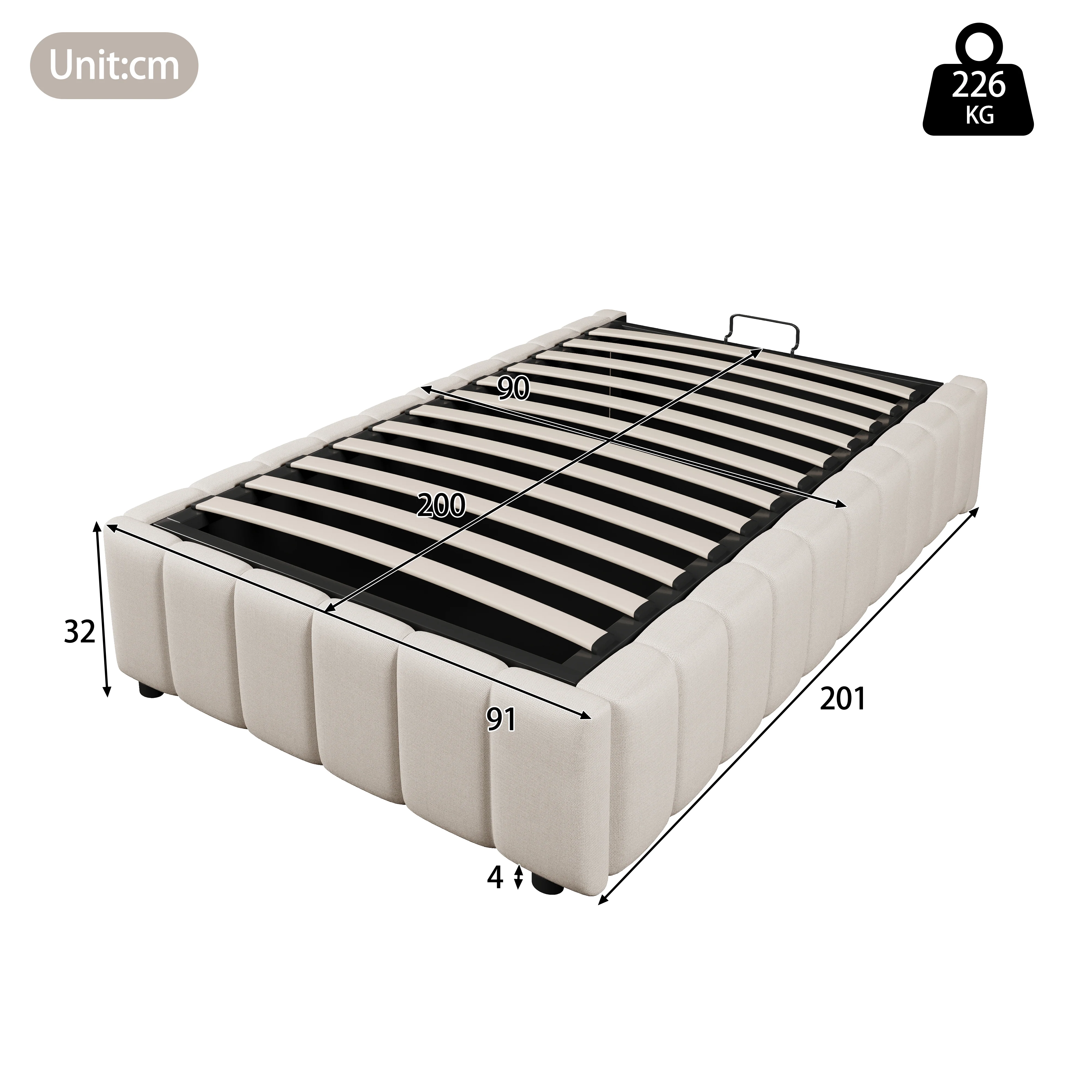 Upholstered Bed 90x200cm Hydraulic Storage - Beige - Image 8
