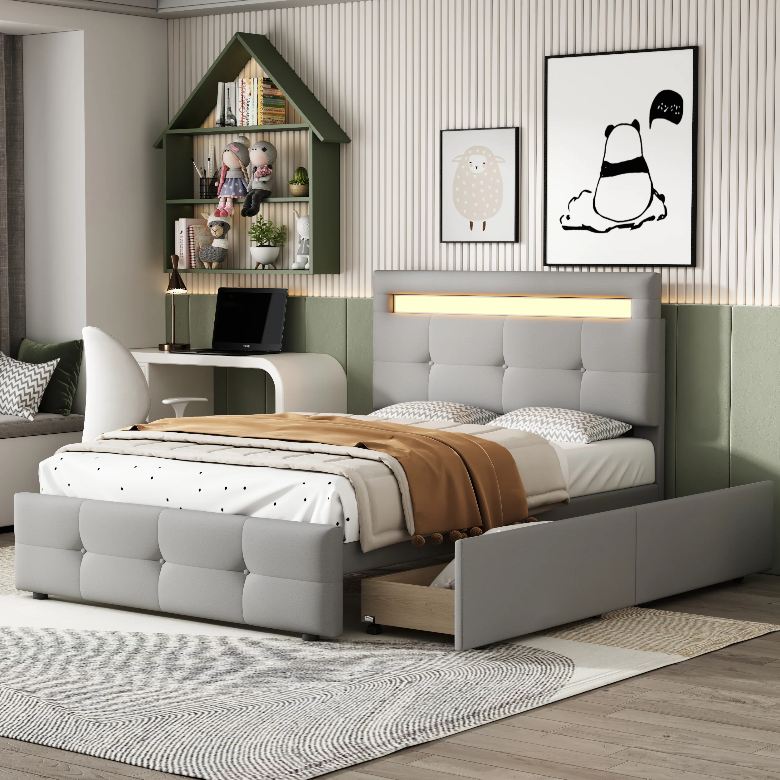 Upholstered Bed, 90x200cm, LED Lights, 2 Drawers, Linen Grey - Image 2