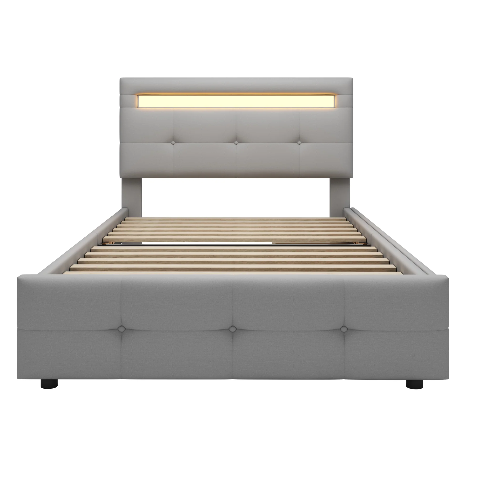 Upholstered Bed, 90x200cm, LED Lights, 2 Drawers, Linen Grey - Image 9