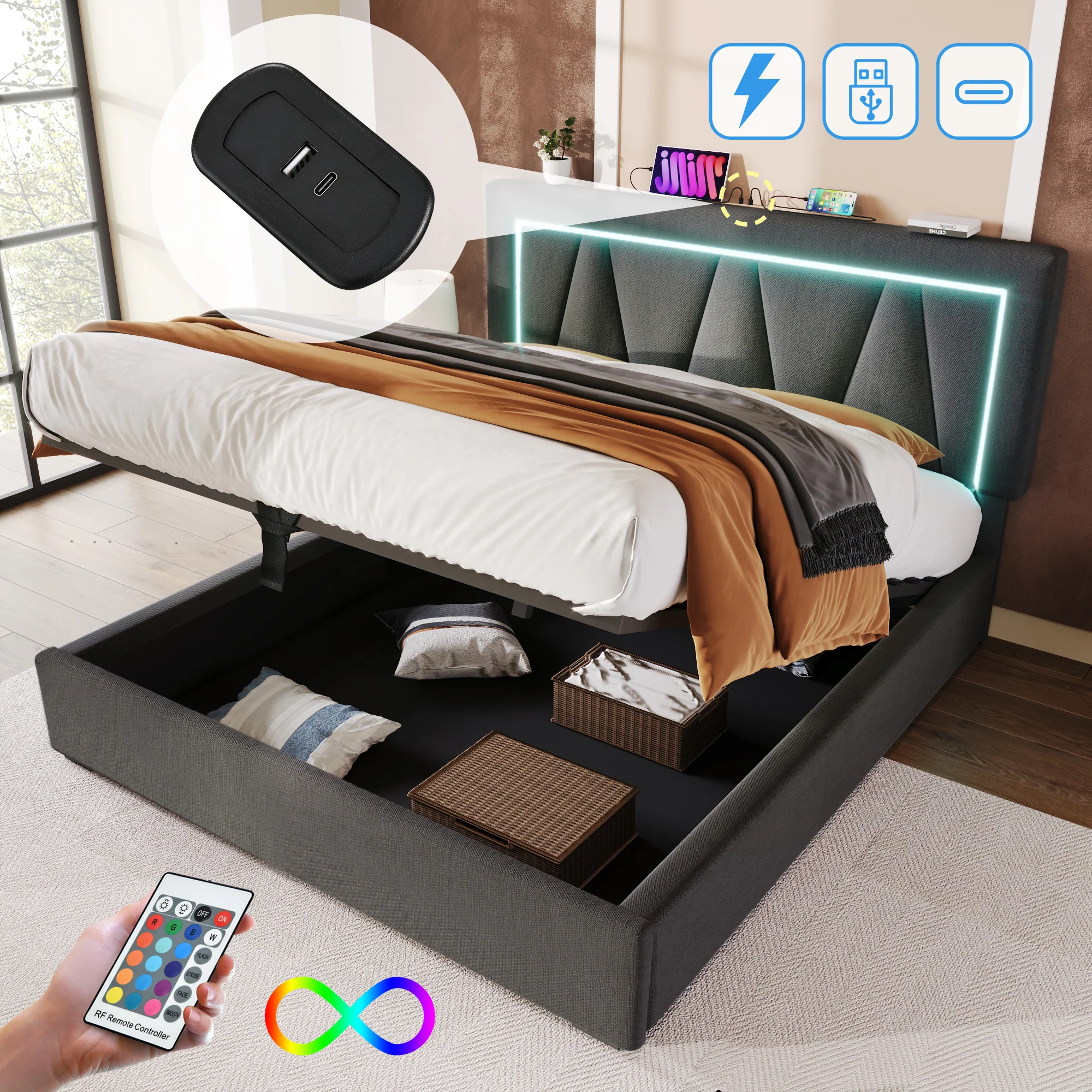 Upholstered Bed, LED Double with USB Type C & Storage, Linen