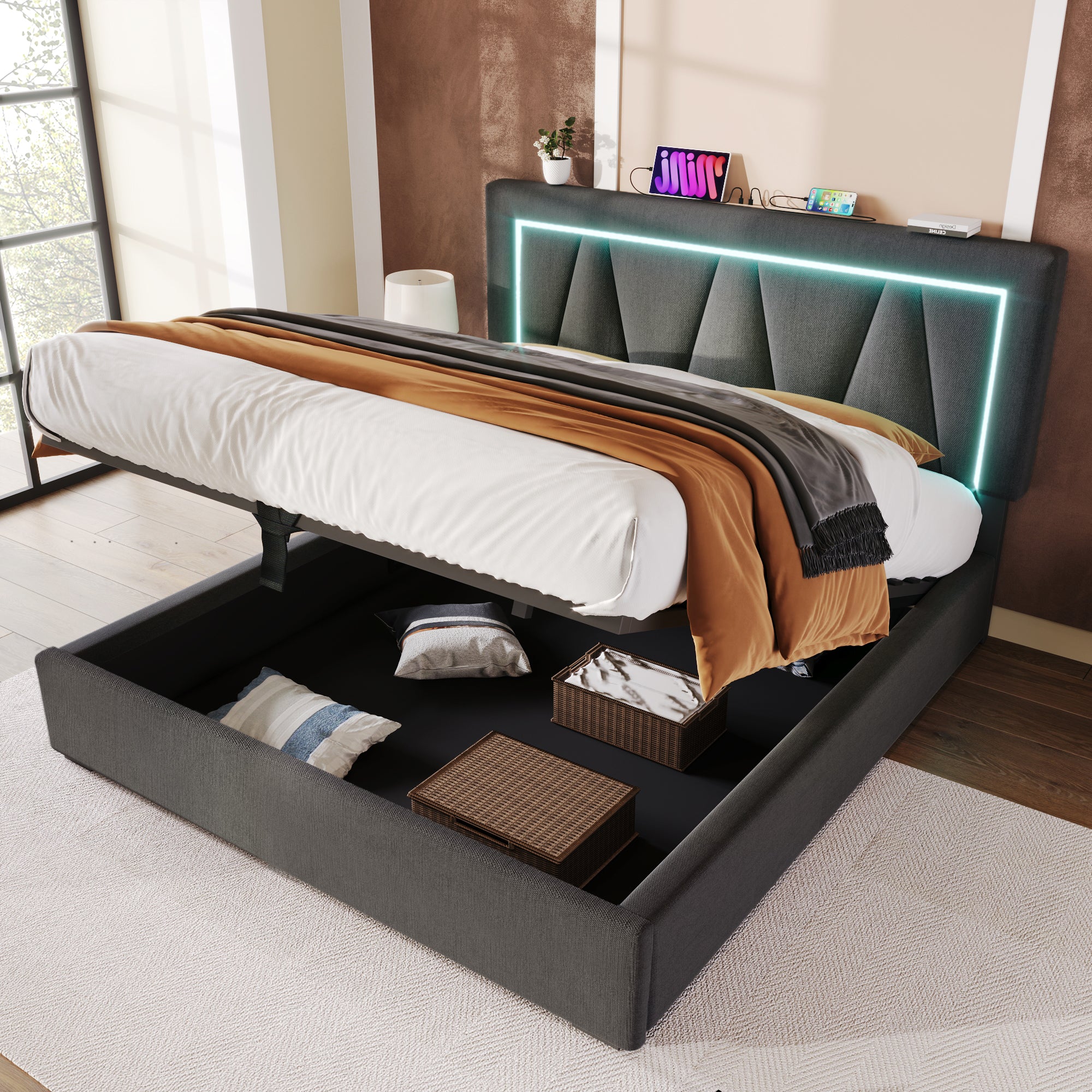 Upholstered Bed, LED Double with USB Type C & Storage, Linen - Image 10