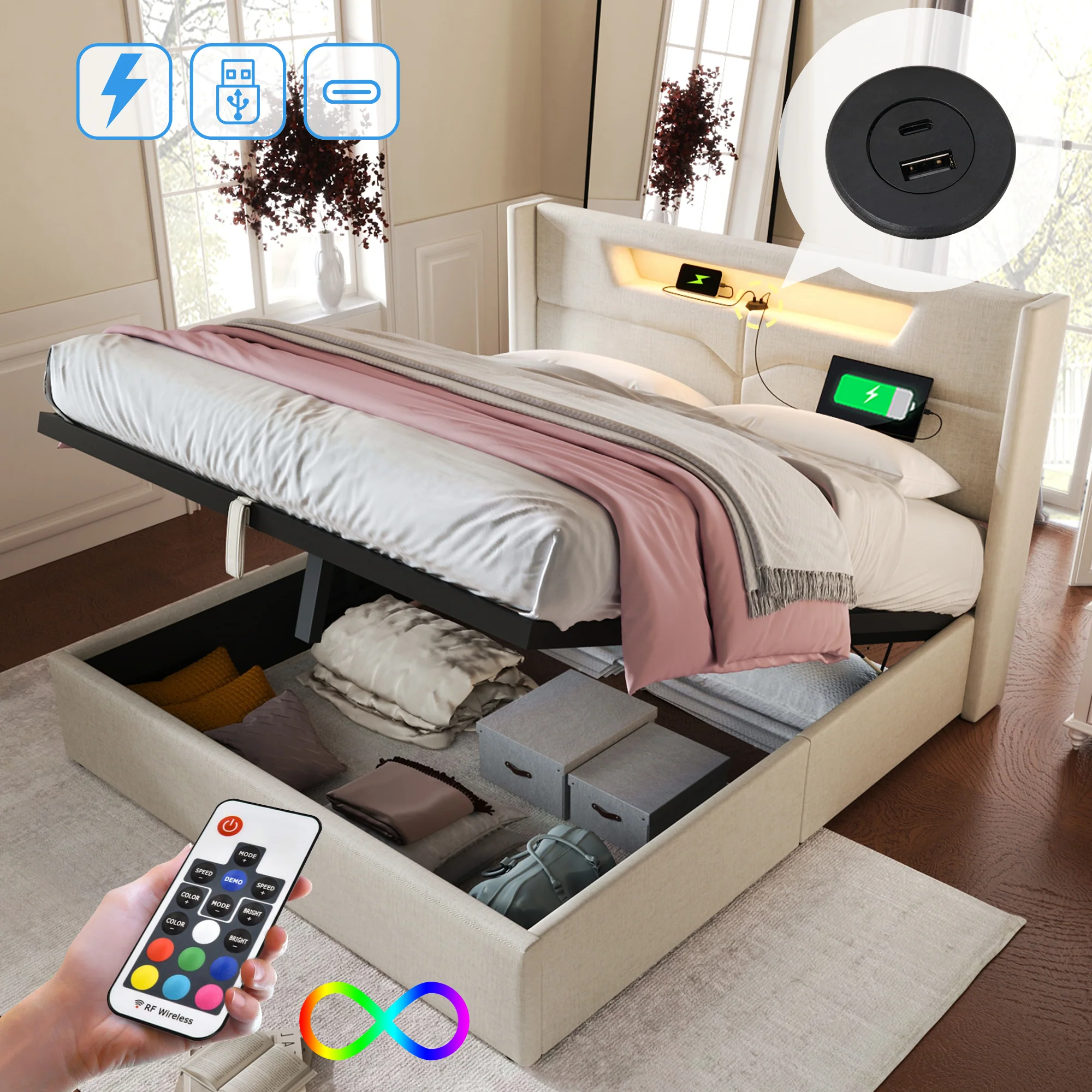 Upholstered Bed, LED Double with USB Type C & Storage, Linen - Image 11