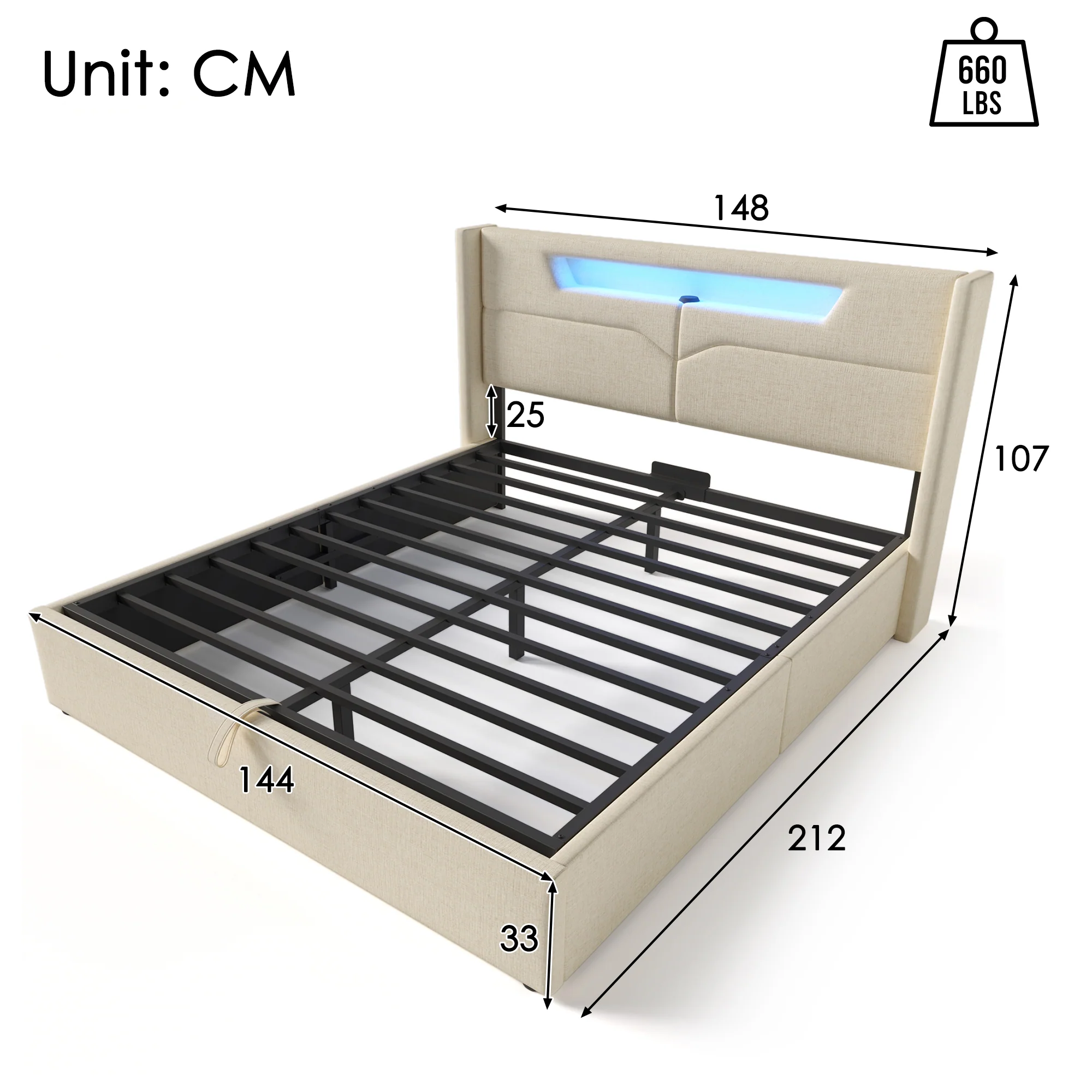 Upholstered Bed, LED Double with USB Type C & Storage, Linen - Image 12