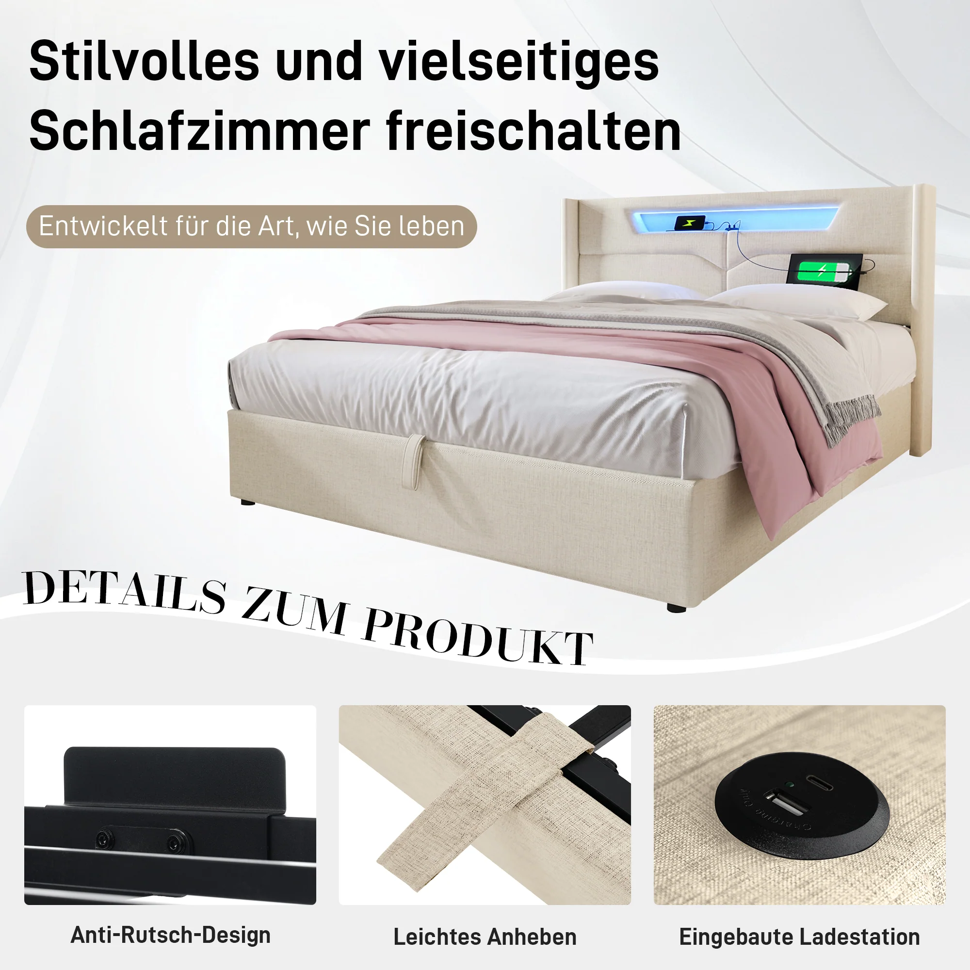 Upholstered Bed, LED Double with USB Type C & Storage, Linen - Image 13