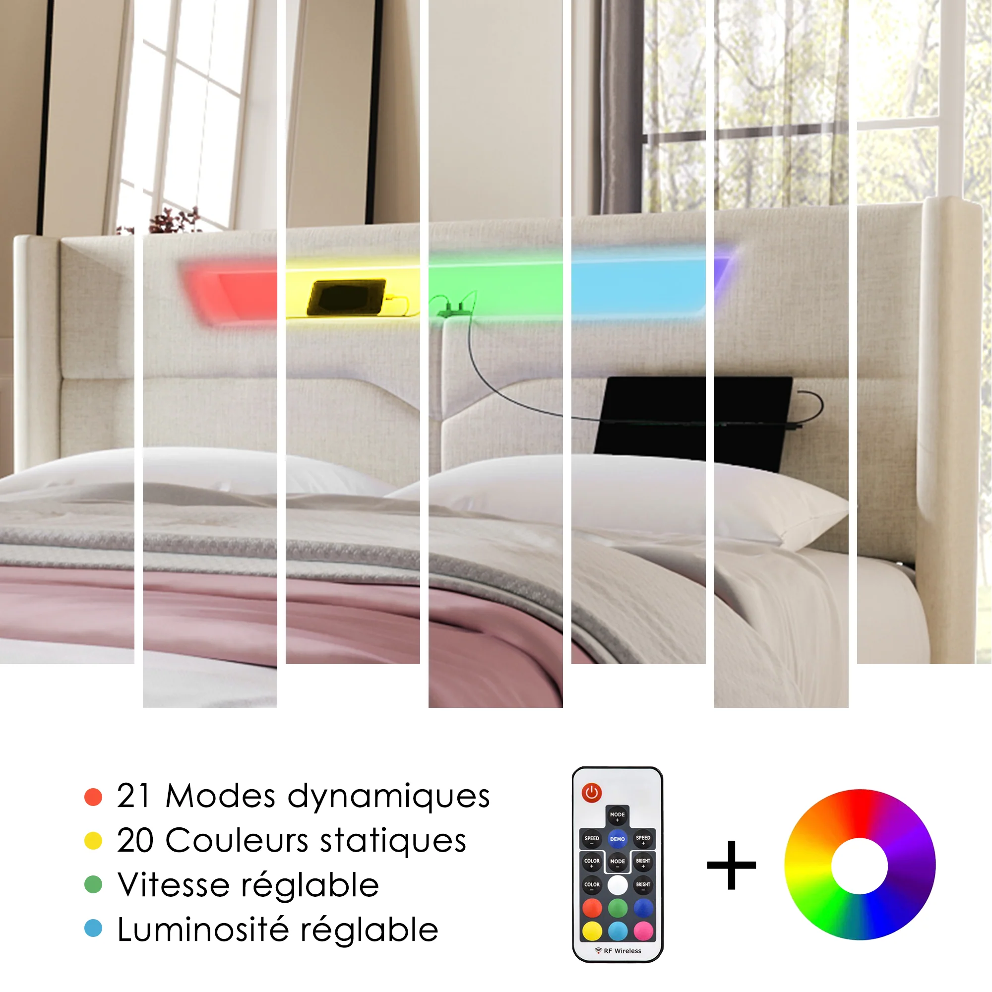 Upholstered Bed, LED Double with USB Type C & Storage, Linen - Image 15