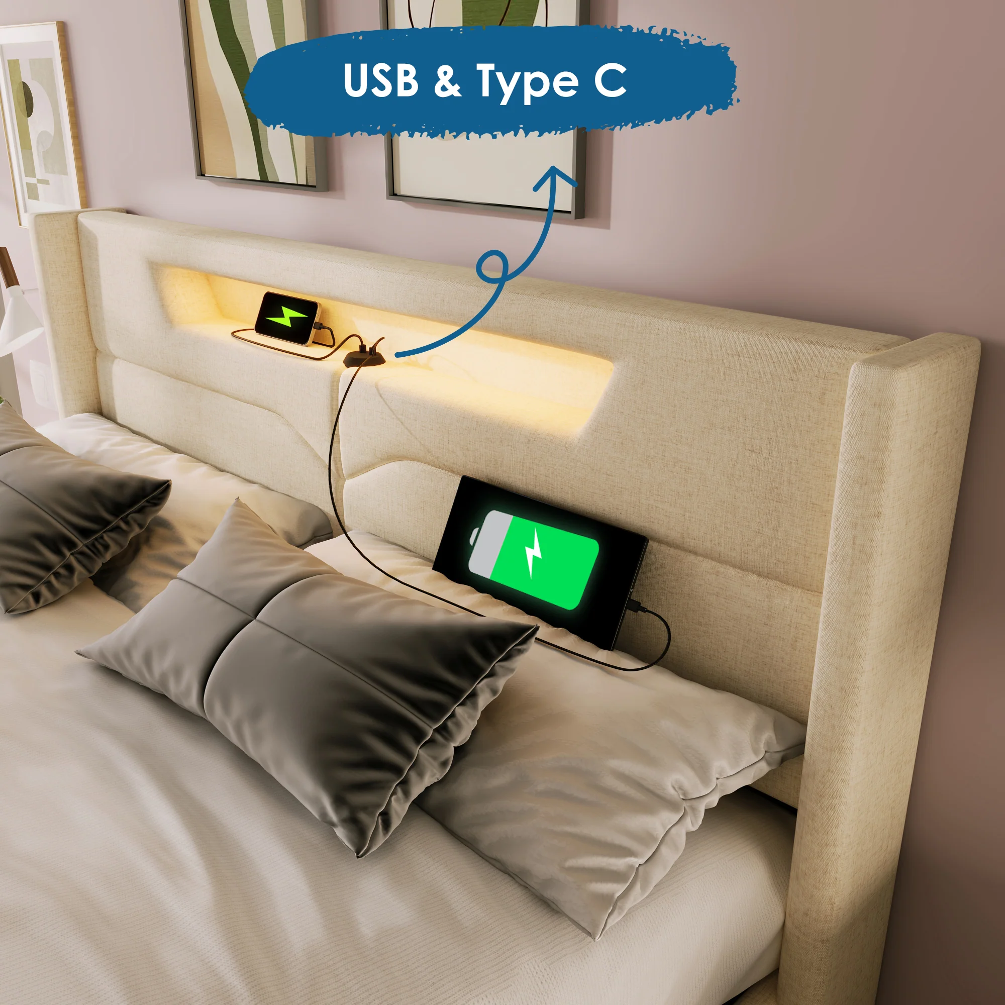 Upholstered Bed, LED Double with USB Type C & Storage, Linen - Image 16