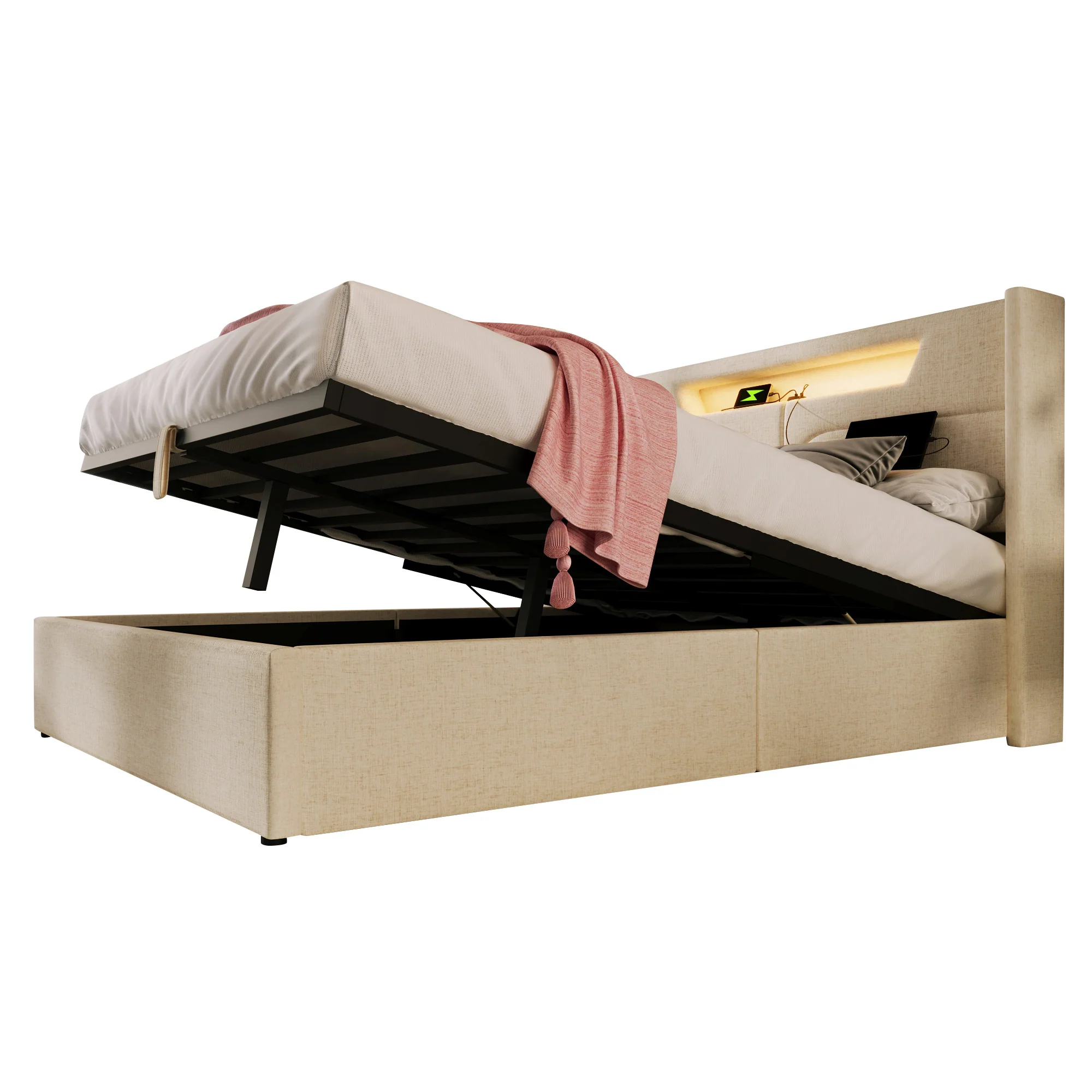 Upholstered Bed, LED Double with USB Type C & Storage, Linen - Image 17