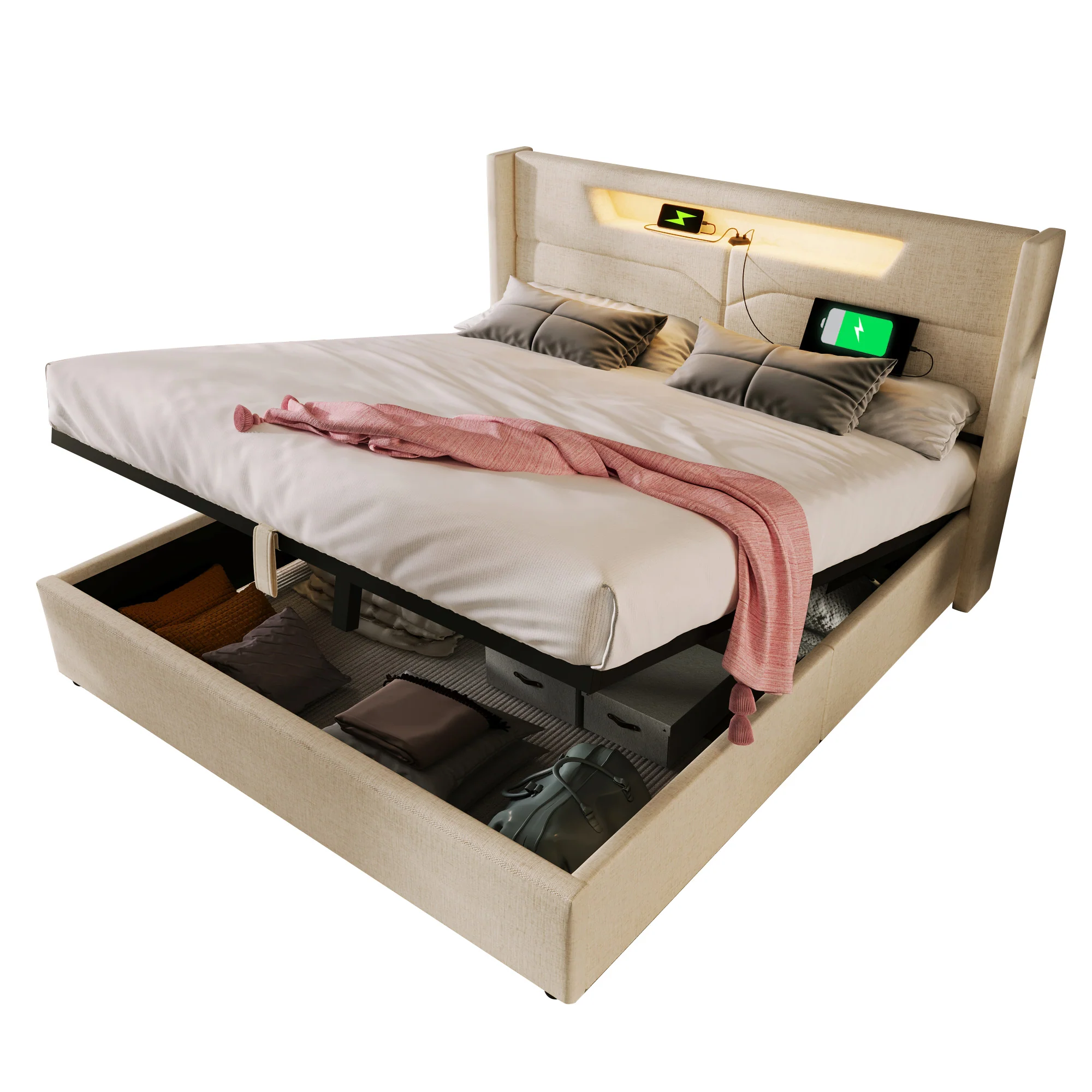 Upholstered Bed, LED Double with USB Type C & Storage, Linen - Image 18