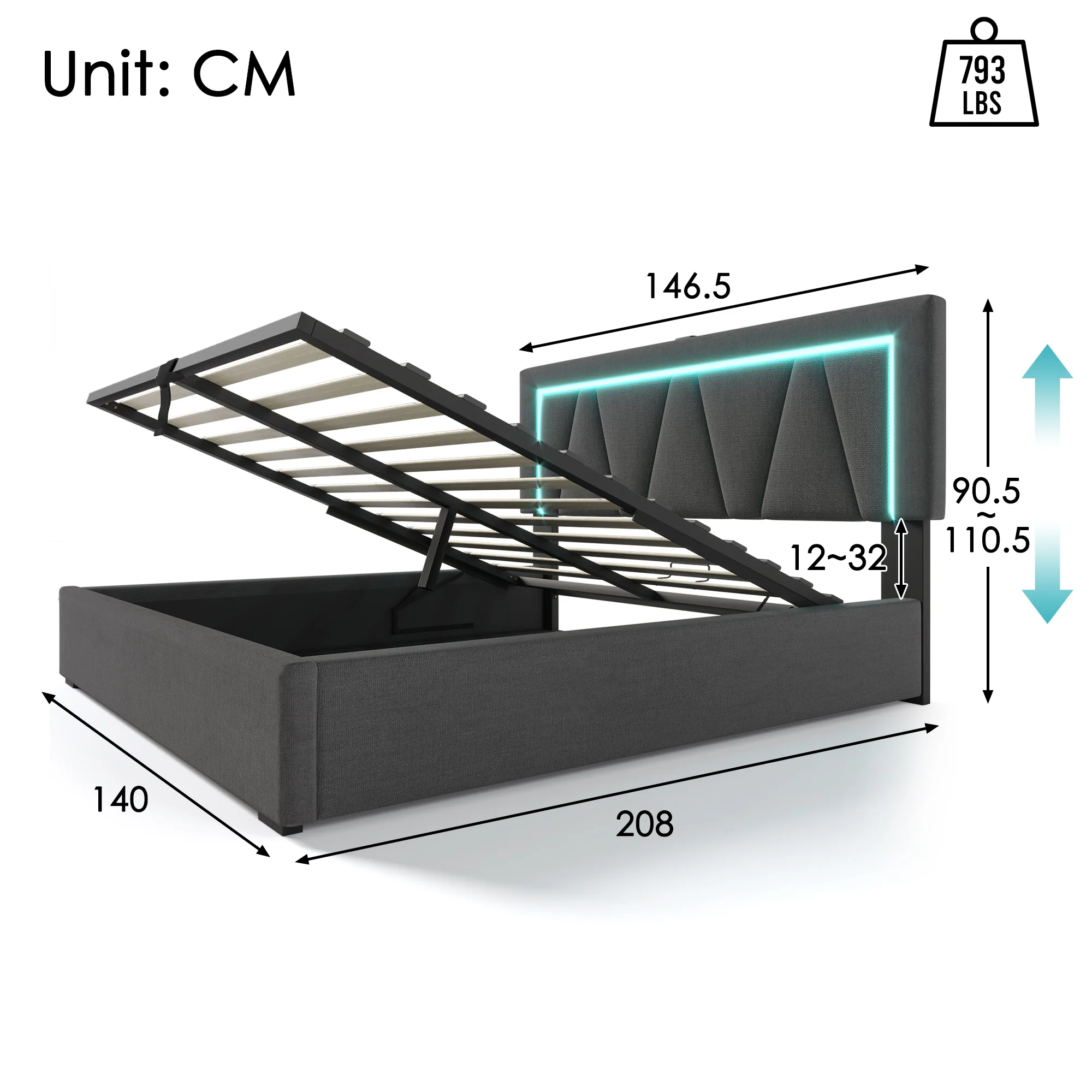 Upholstered Bed, LED Double with USB Type C & Storage, Linen - Image 2