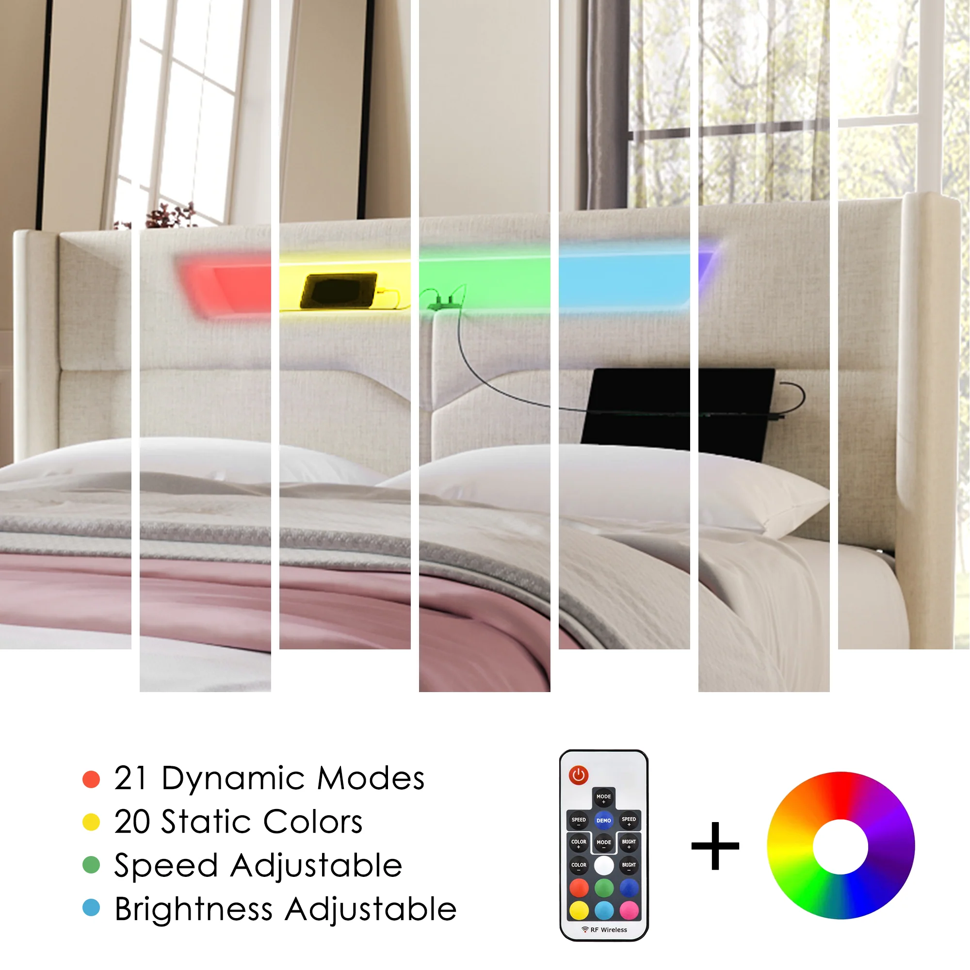 Upholstered Bed, LED Double with USB Type C & Storage, Linen - Image 20