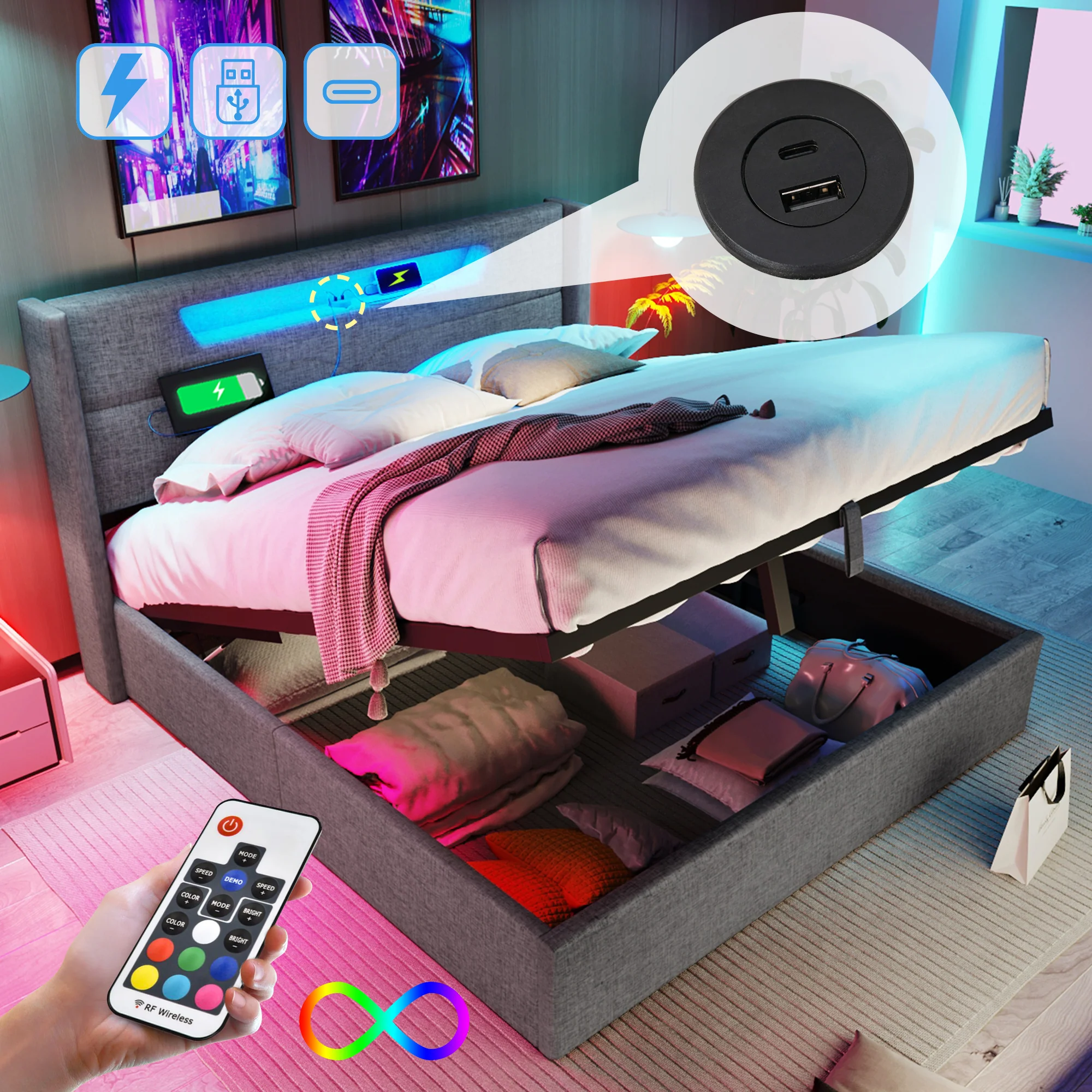 Upholstered Bed, LED Double with USB Type C & Storage, Linen - Image 21