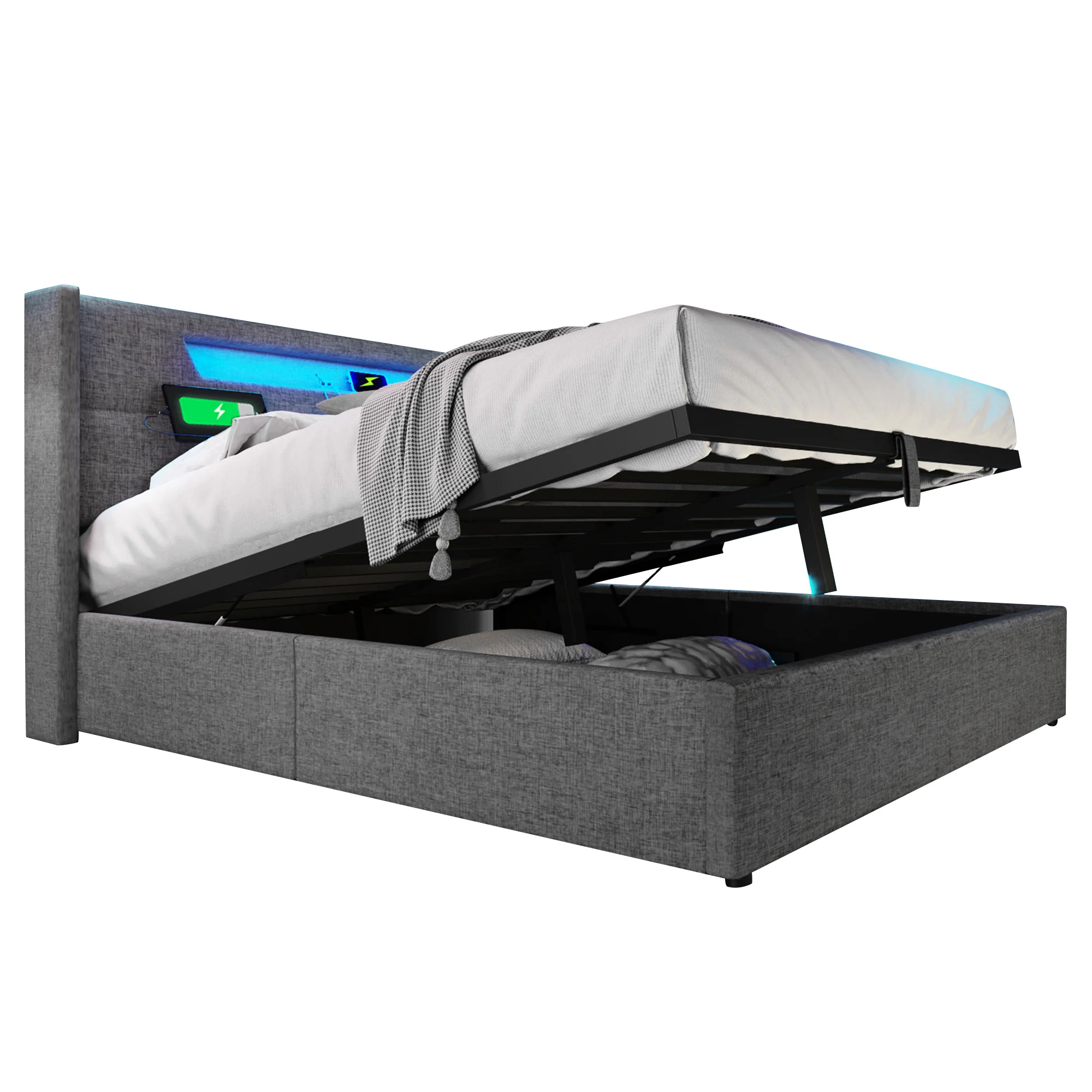 Upholstered Bed, LED Double with USB Type C & Storage, Linen - Image 22