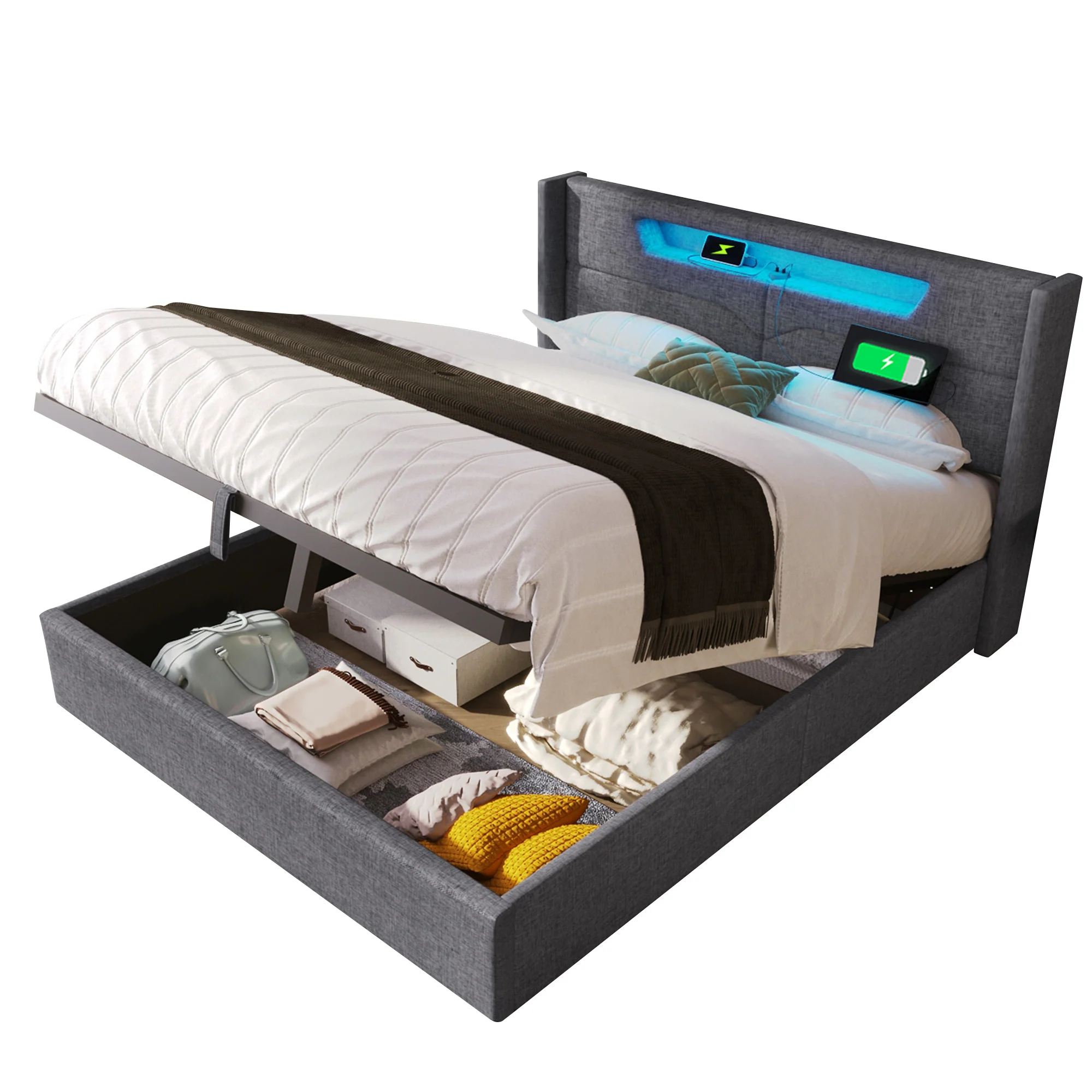 Upholstered Bed, LED Double with USB Type C & Storage, Linen - Image 23