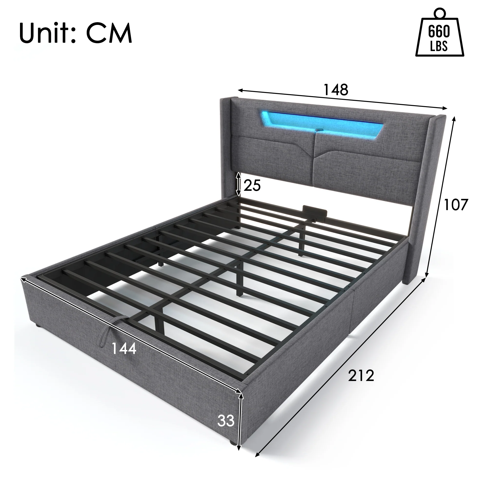 Upholstered Bed, LED Double with USB Type C & Storage, Linen - Image 24