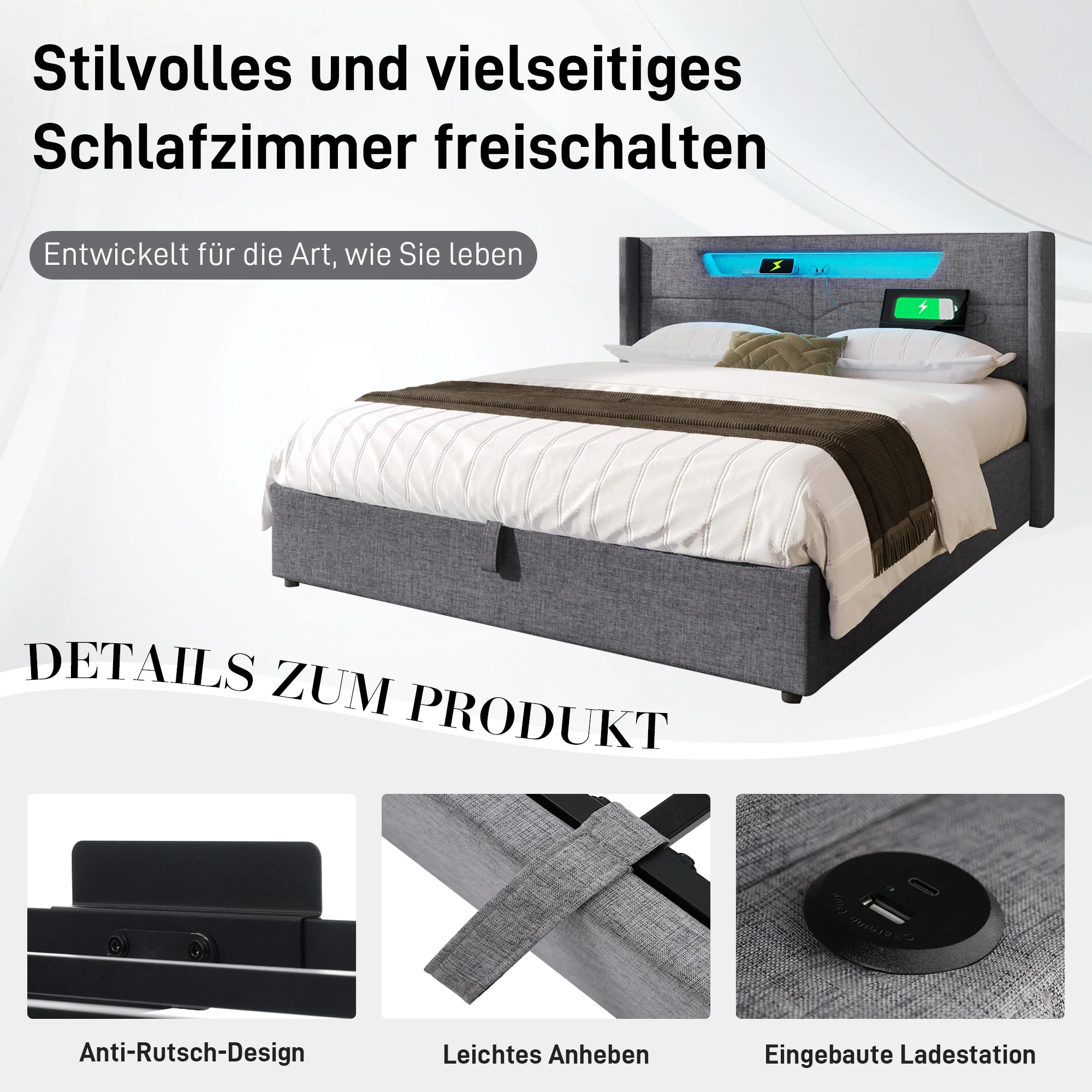 Upholstered Bed, LED Double with USB Type C & Storage, Linen - Image 25