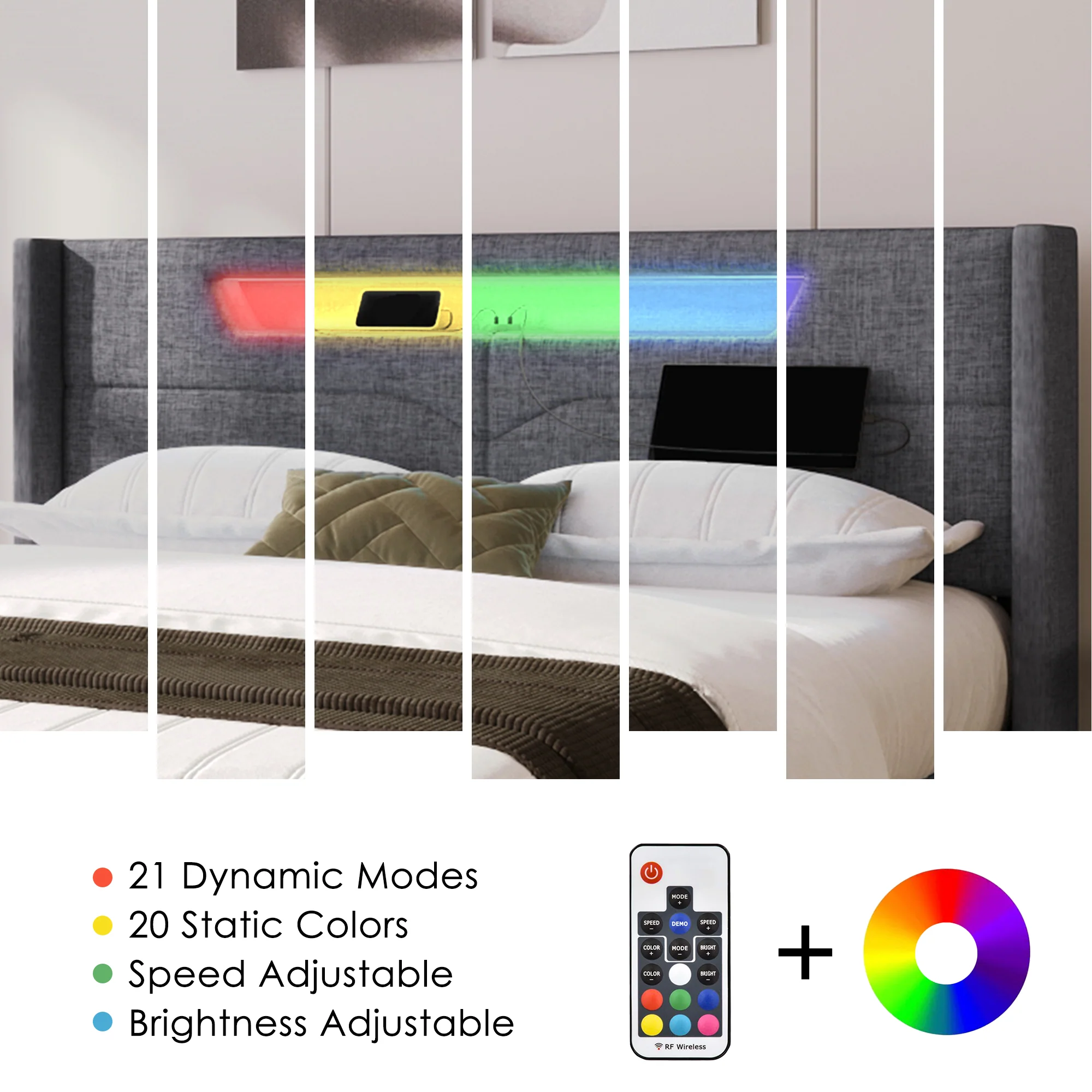 Upholstered Bed, LED Double with USB Type C & Storage, Linen - Image 27