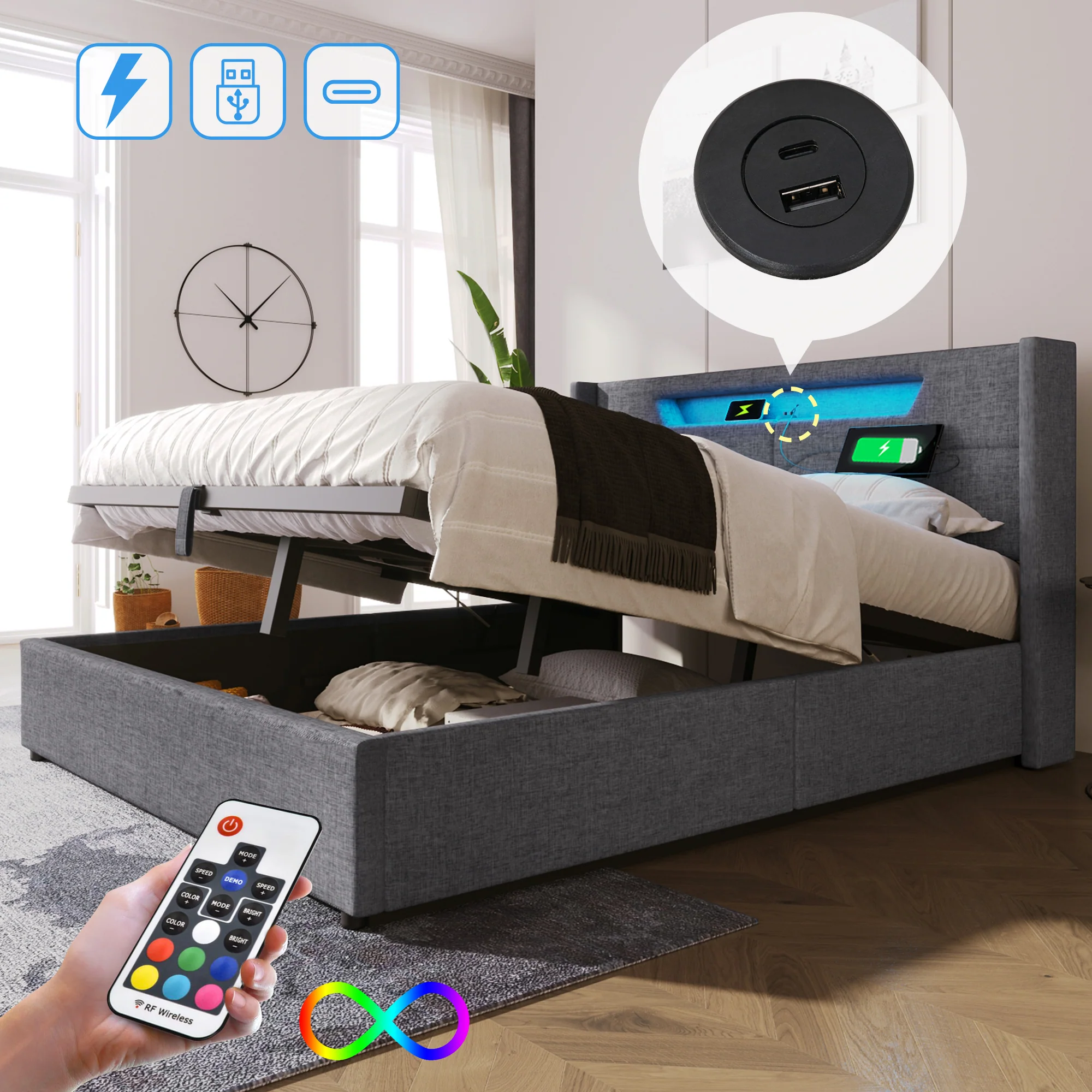 Upholstered Bed, LED Double with USB Type C & Storage, Linen - Image 29