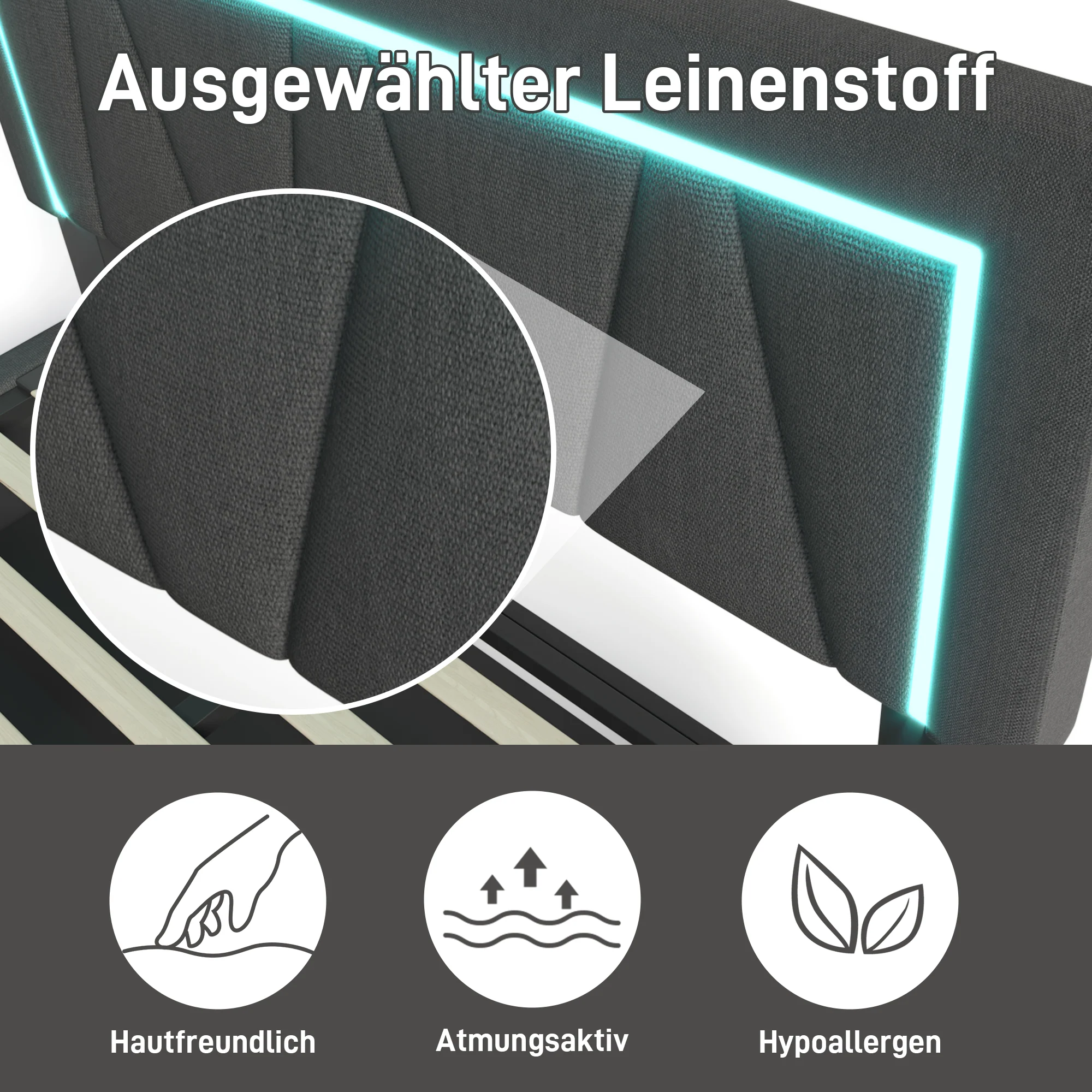 Upholstered Bed, LED Double with USB Type C & Storage, Linen - Image 3