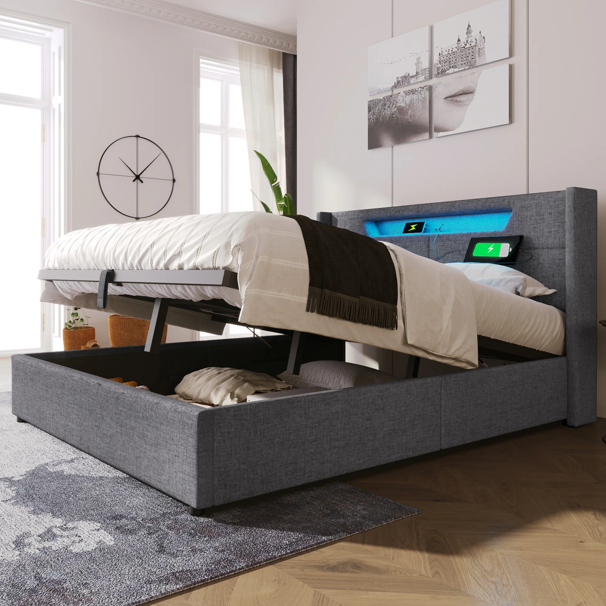 Upholstered Bed, LED Double with USB Type C & Storage, Linen - Image 30