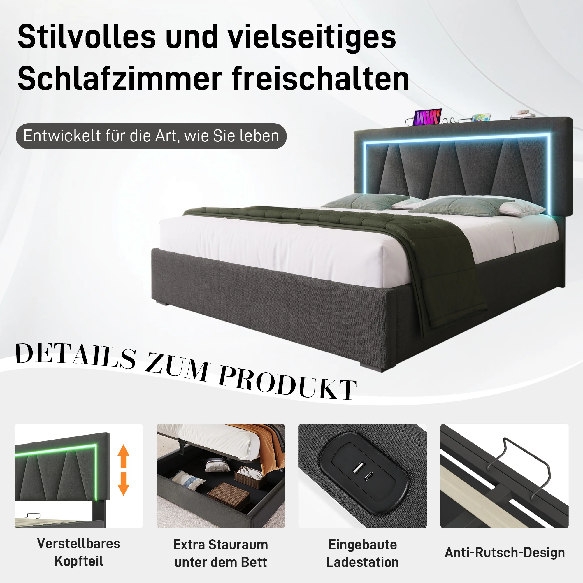 Upholstered Bed, LED Double with USB Type C & Storage, Linen - Image 4