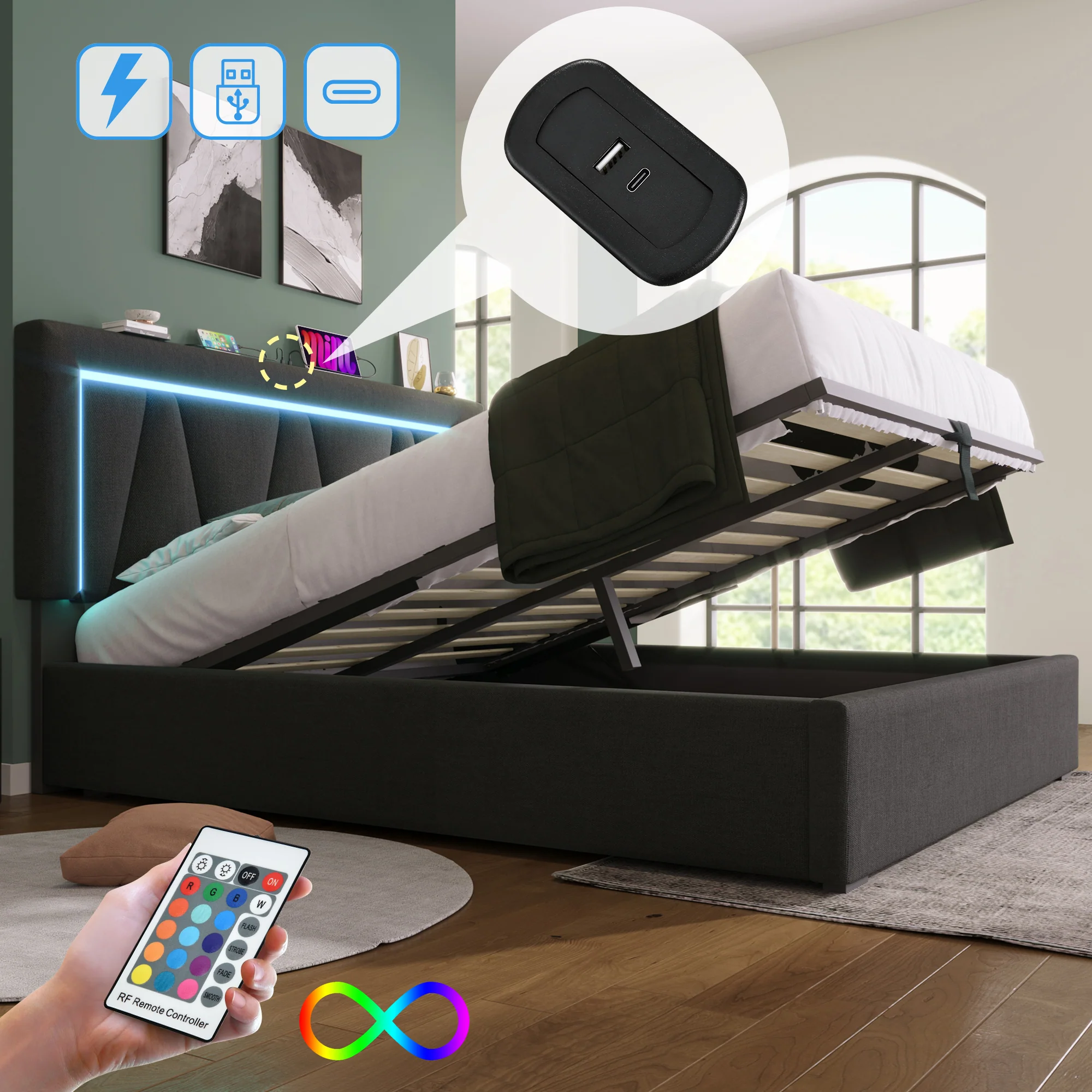 Upholstered Bed, LED Double with USB Type C & Storage, Linen - Image 5