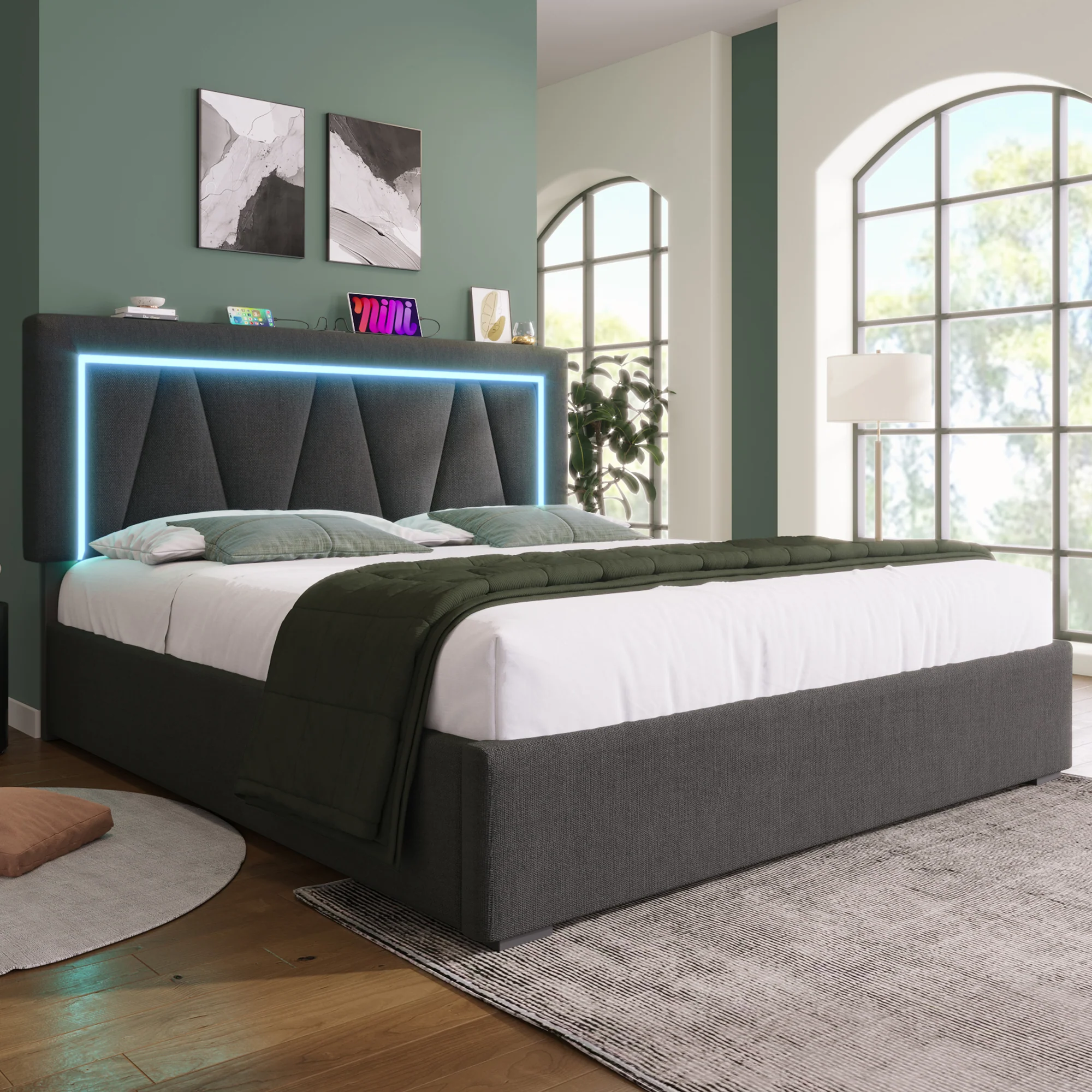 Upholstered Bed, LED Double with USB Type C & Storage, Linen - Image 6