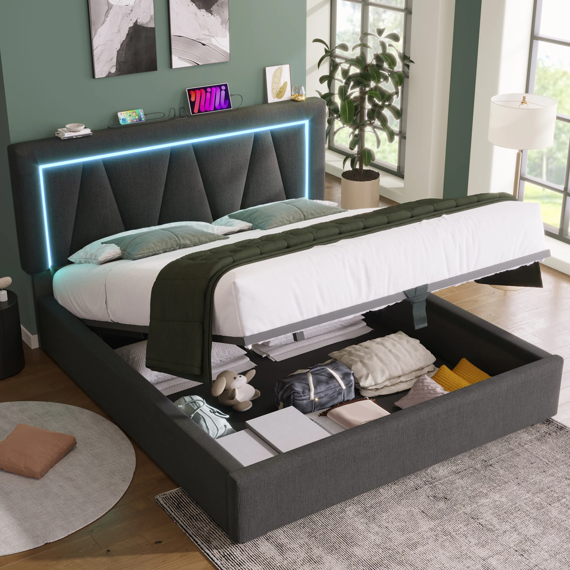Upholstered Bed, LED Double with USB Type C & Storage, Linen - Image 7