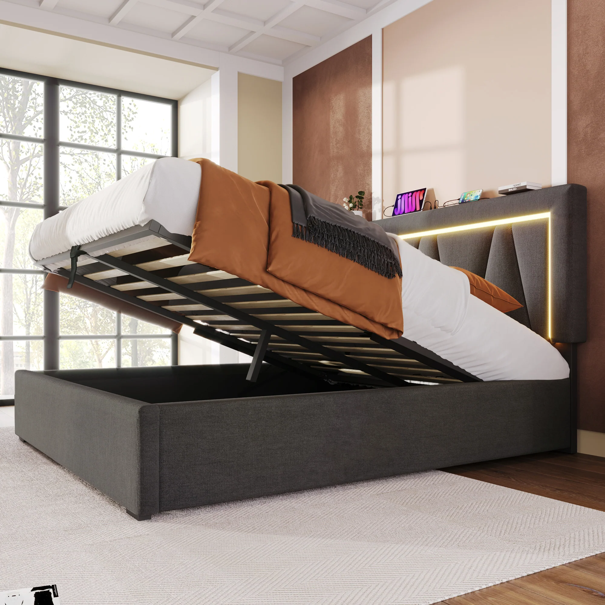 Upholstered Bed, LED Double with USB Type C & Storage, Linen - Image 8