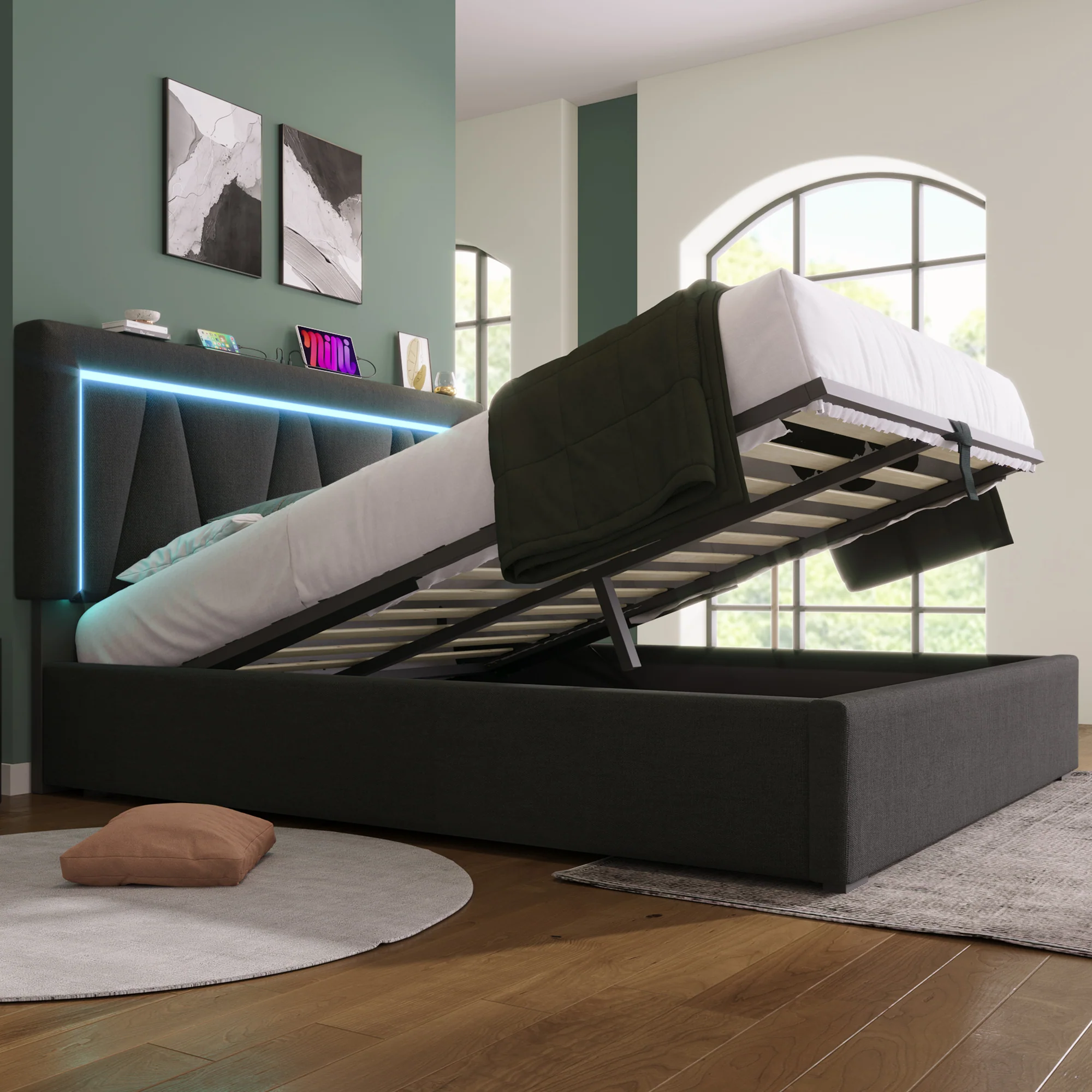 Upholstered Bed, LED Double with USB Type C & Storage, Linen - Image 9