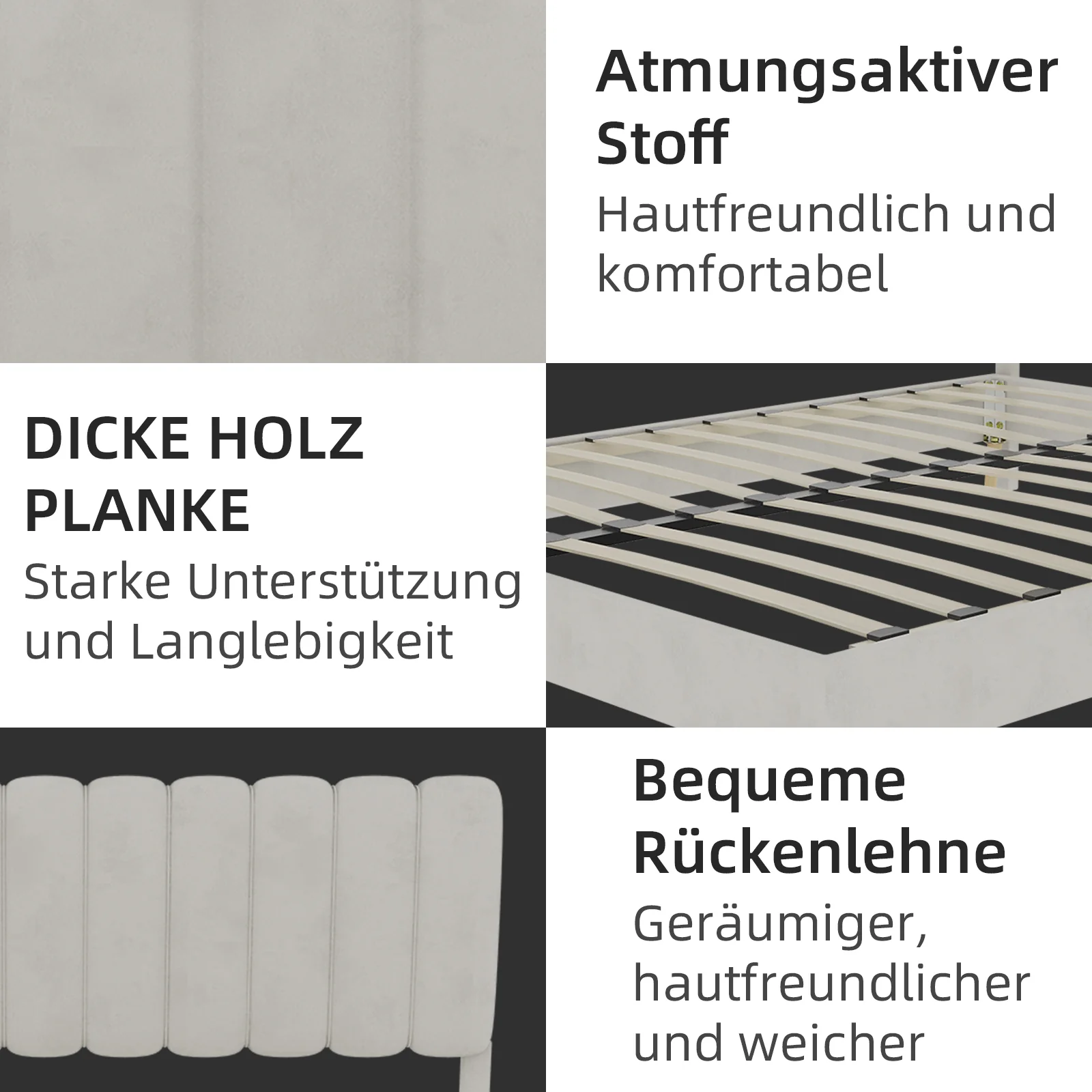 Upholstered Bed, Minimalist Plush Headboard 140x200cm, Beige - Image 2