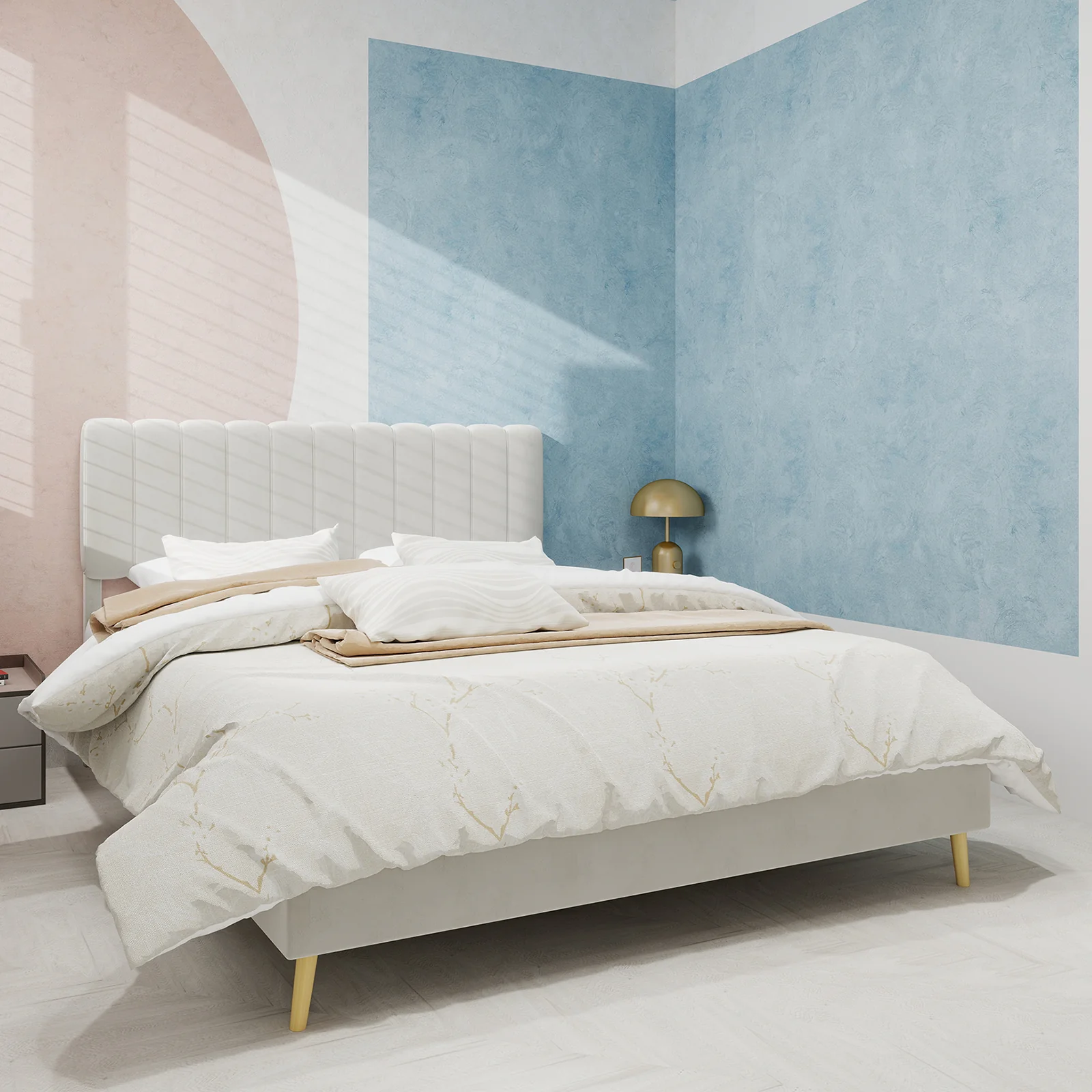 Upholstered Bed, Minimalist Plush Headboard 140x200cm, Beige - Image 3