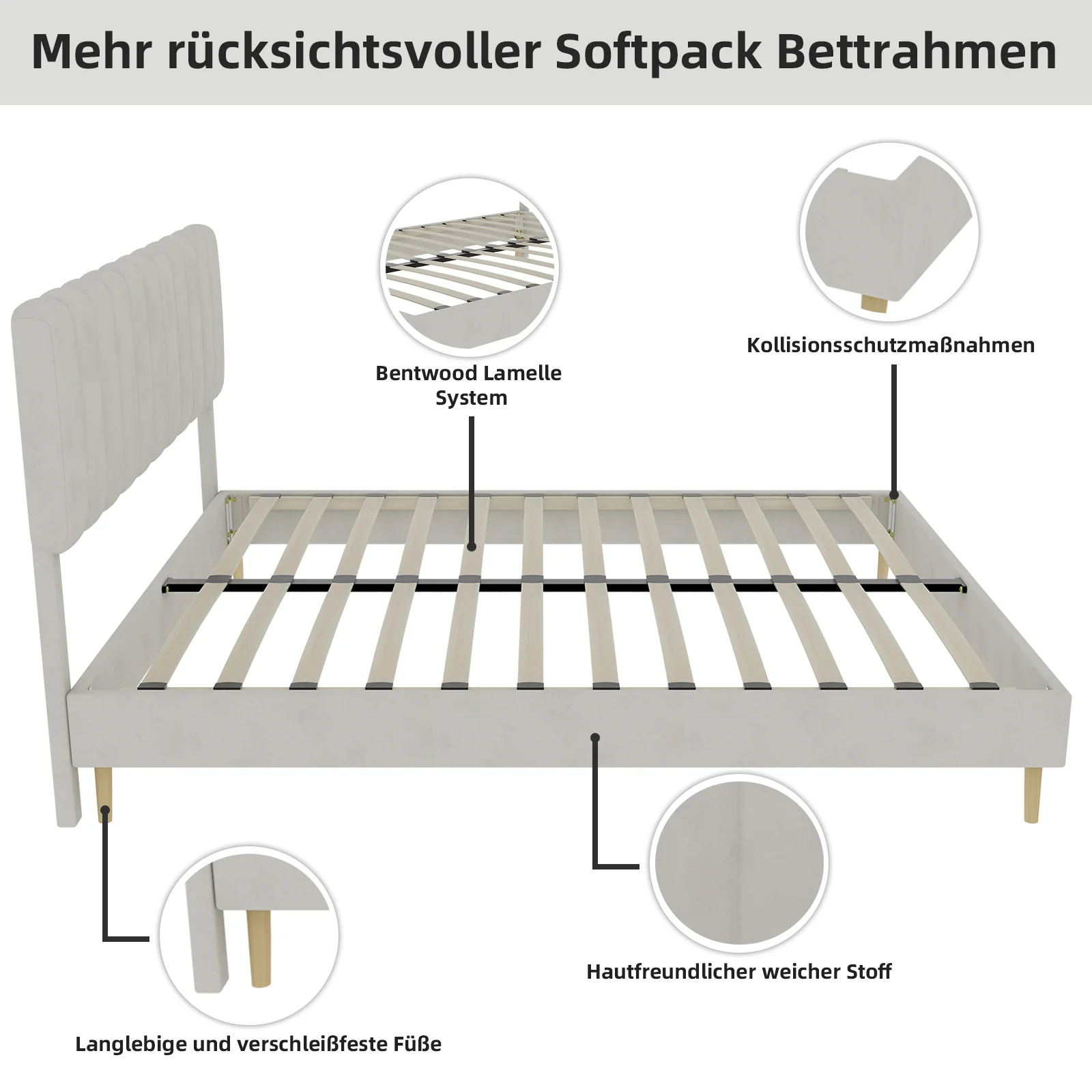 Upholstered Bed, Minimalist Plush Headboard 140x200cm, Beige - Image 4