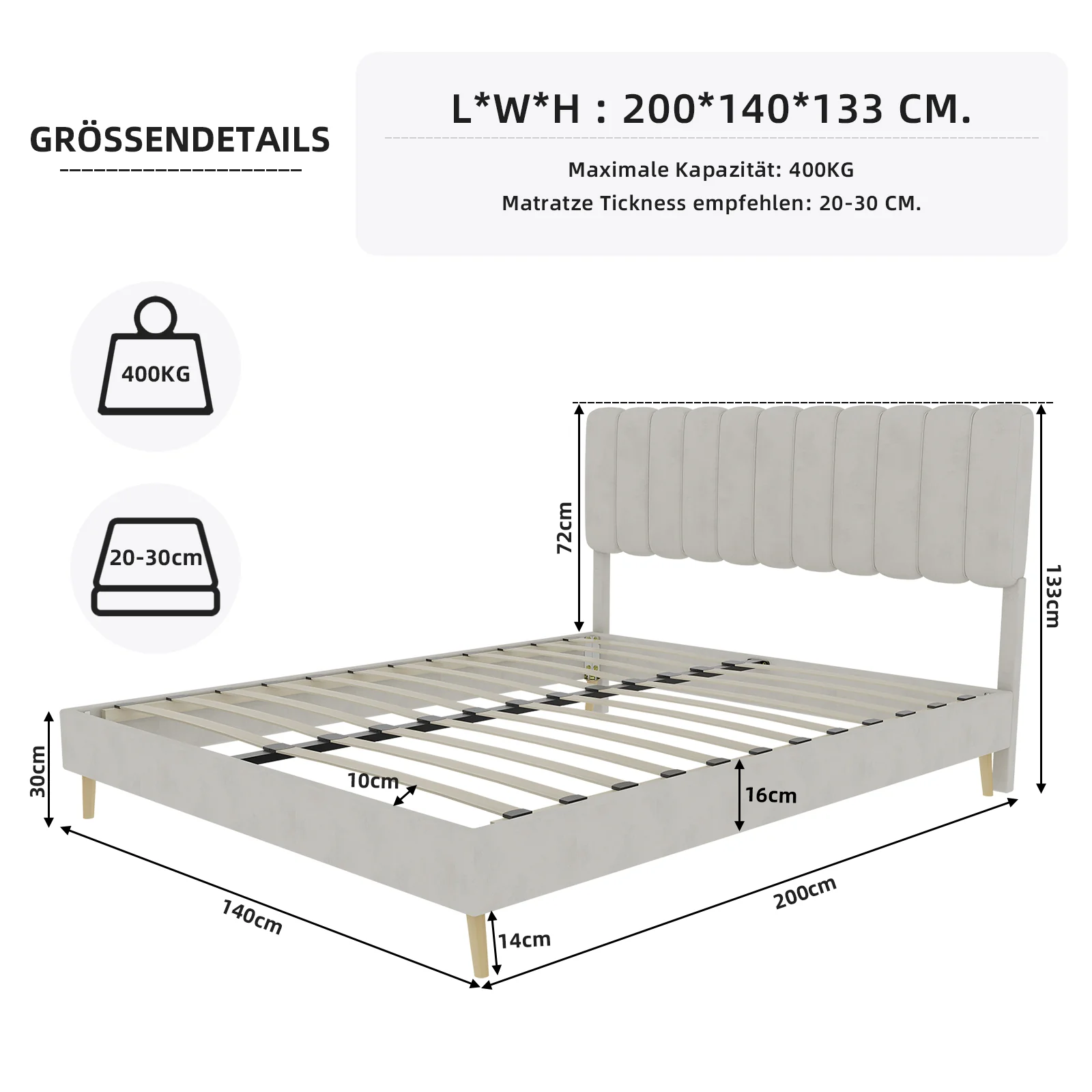 Upholstered Bed, Minimalist Plush Headboard 140x200cm, Beige - Image 7