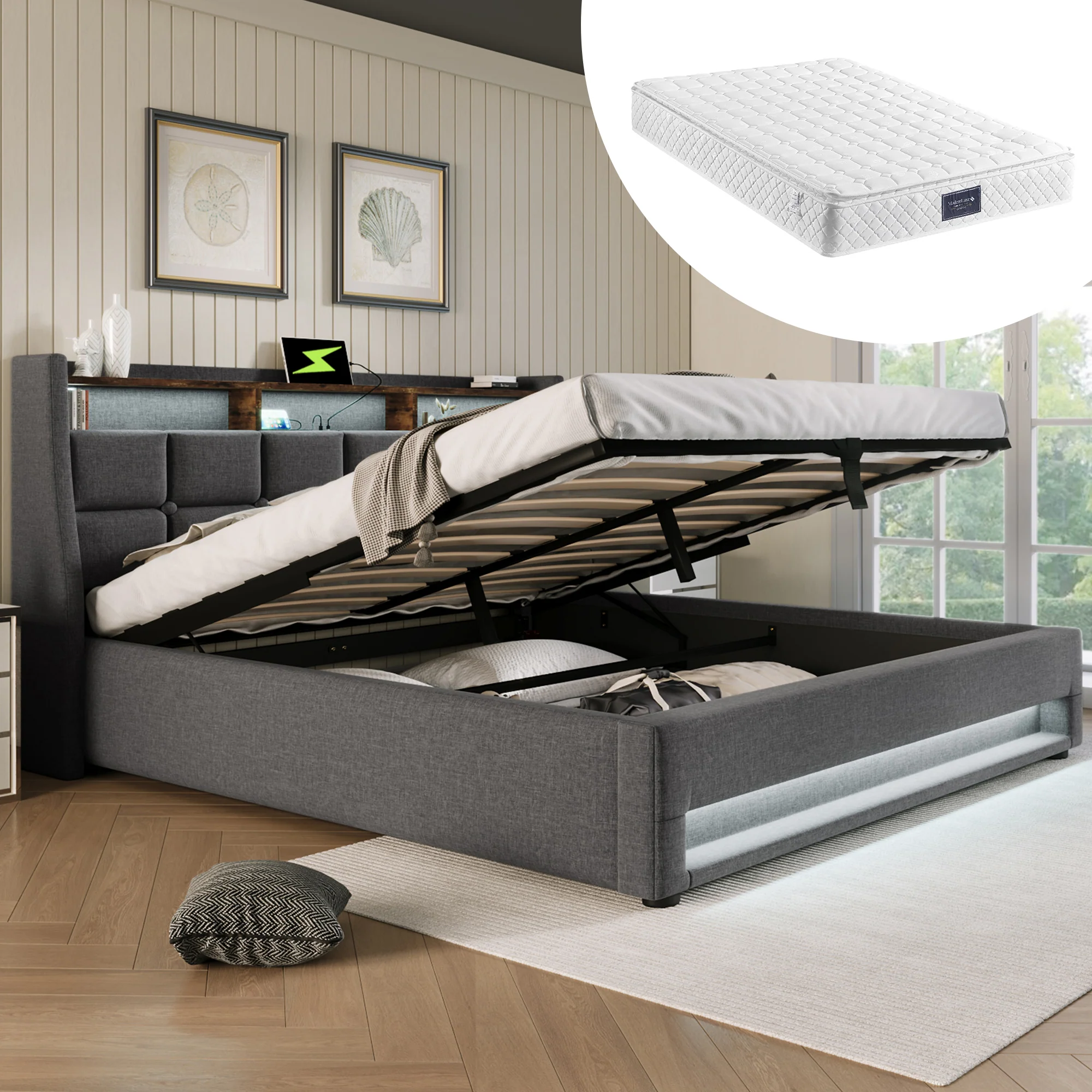 Upholstered Bed, USB LED, Metal Frame, Linen