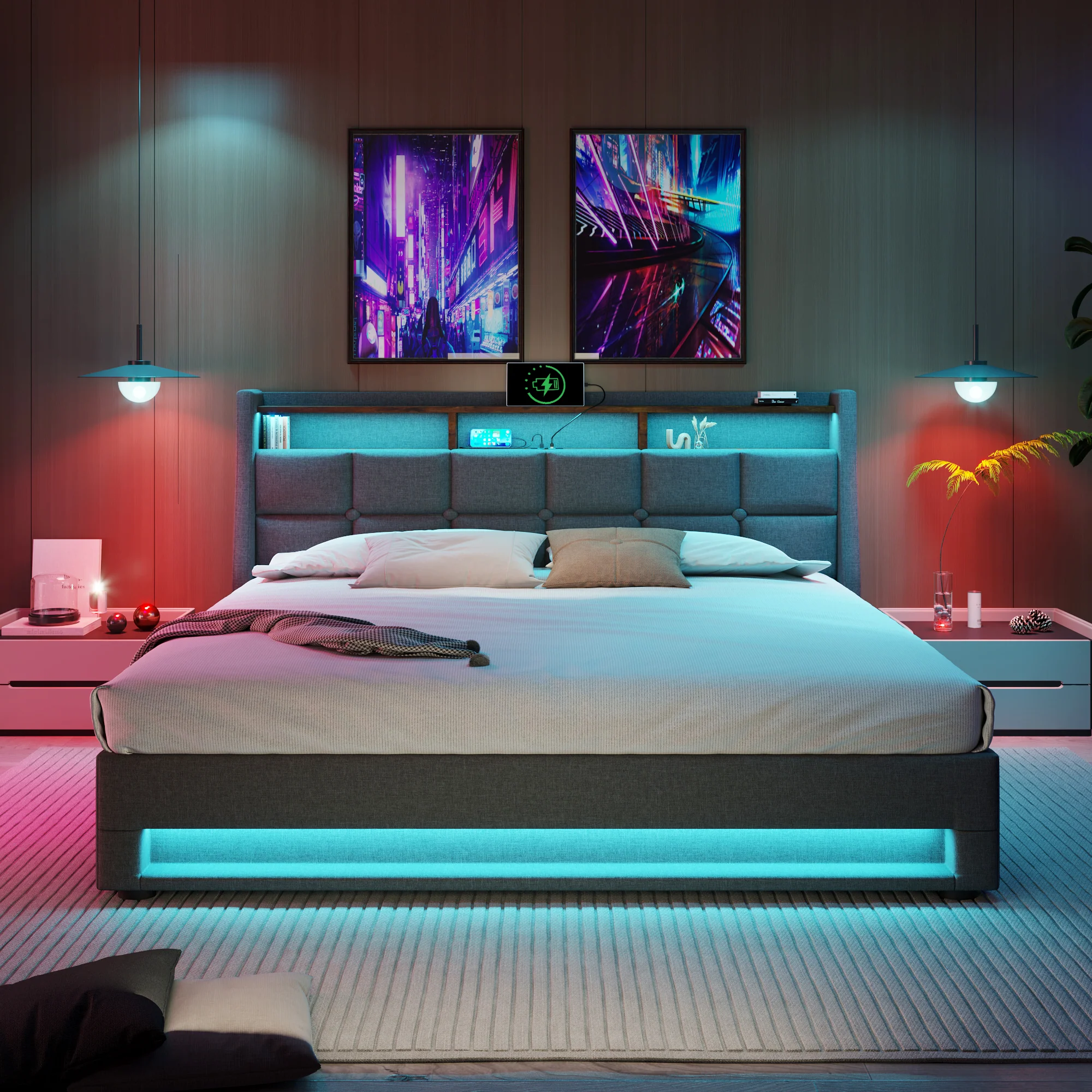 Upholstered Bed, USB LED, Metal Frame, Linen - Image 10