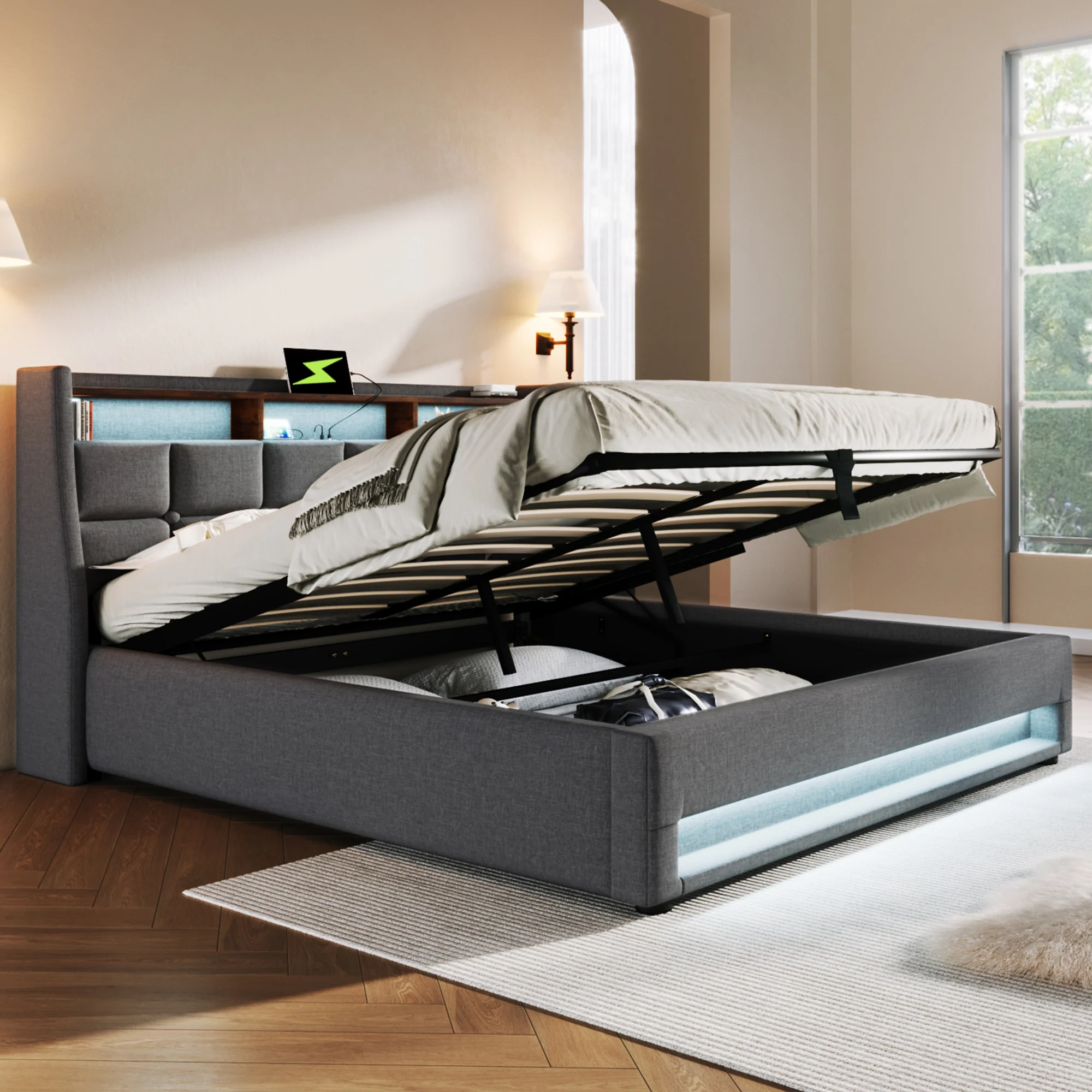 Upholstered Bed, USB LED, Metal Frame, Linen - Image 3