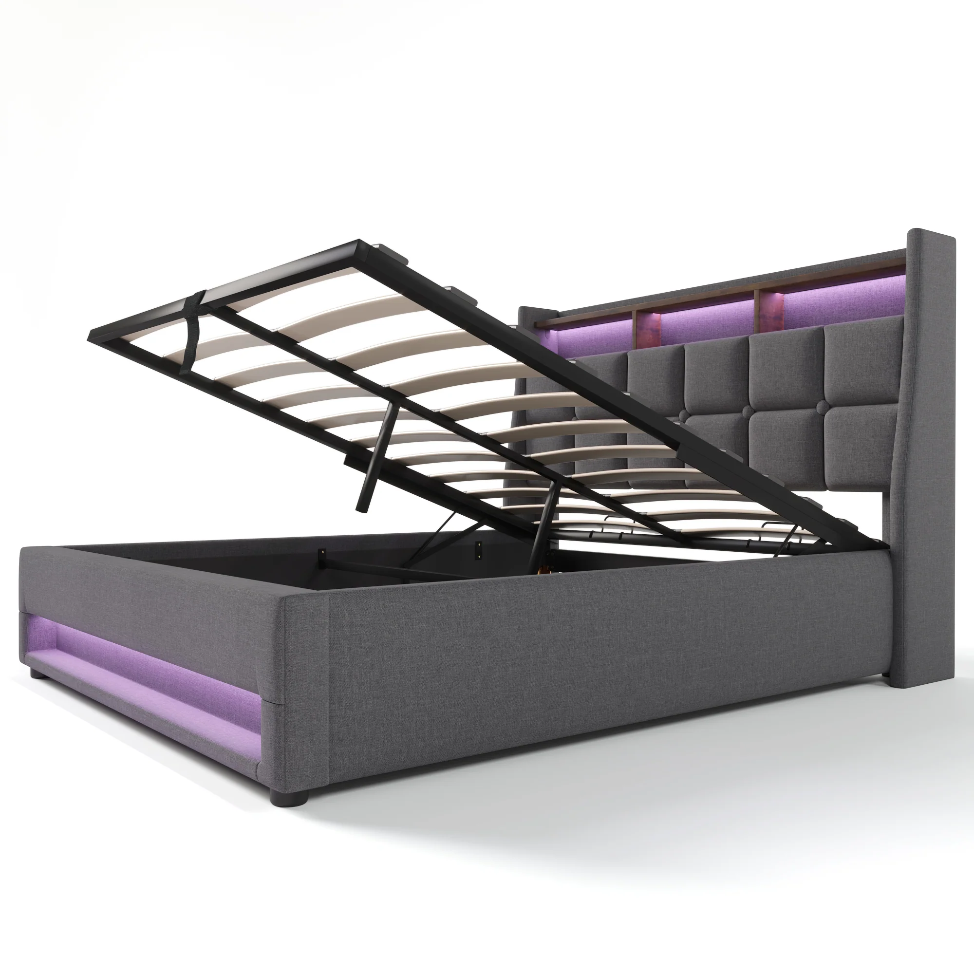 Upholstered Bed, USB LED, Metal Frame, Linen - Image 4